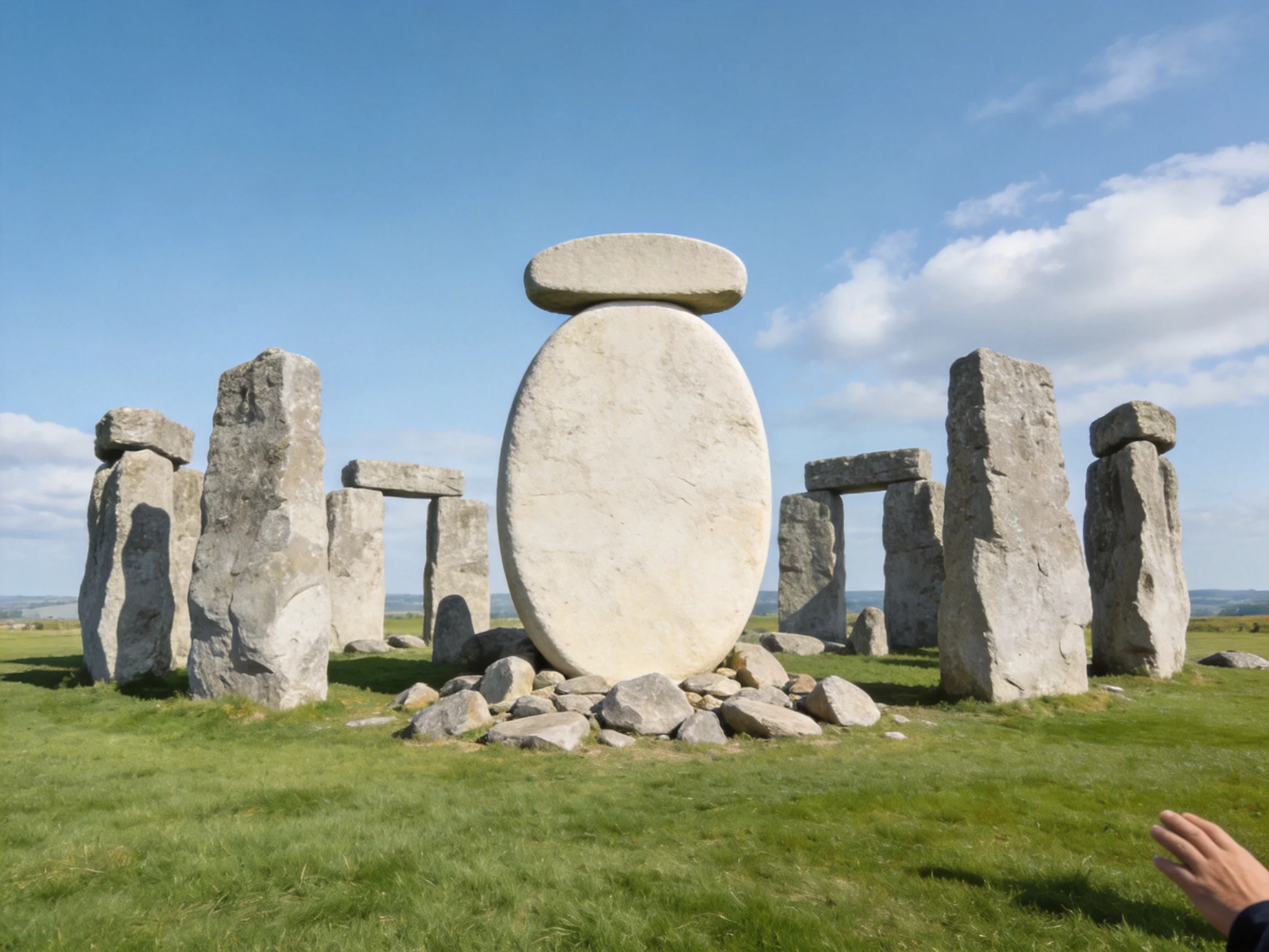 Ancient stone monument with large oval centerpiece on green field