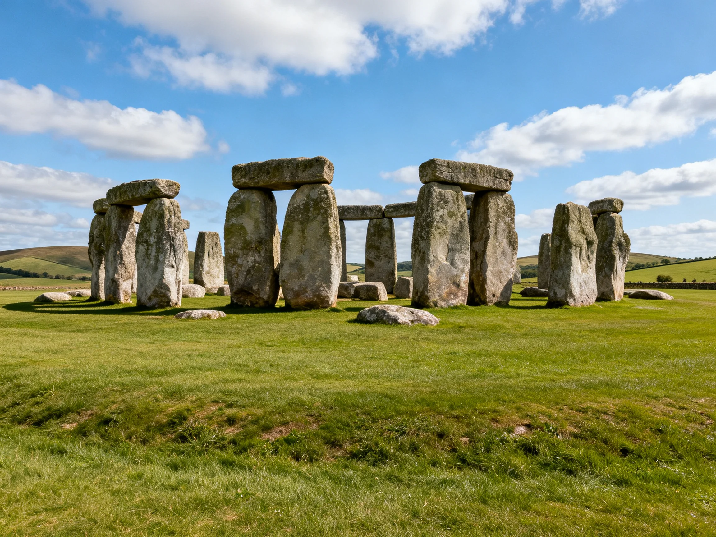 Ancient stone monument with massive gray boulders under bright blue sky