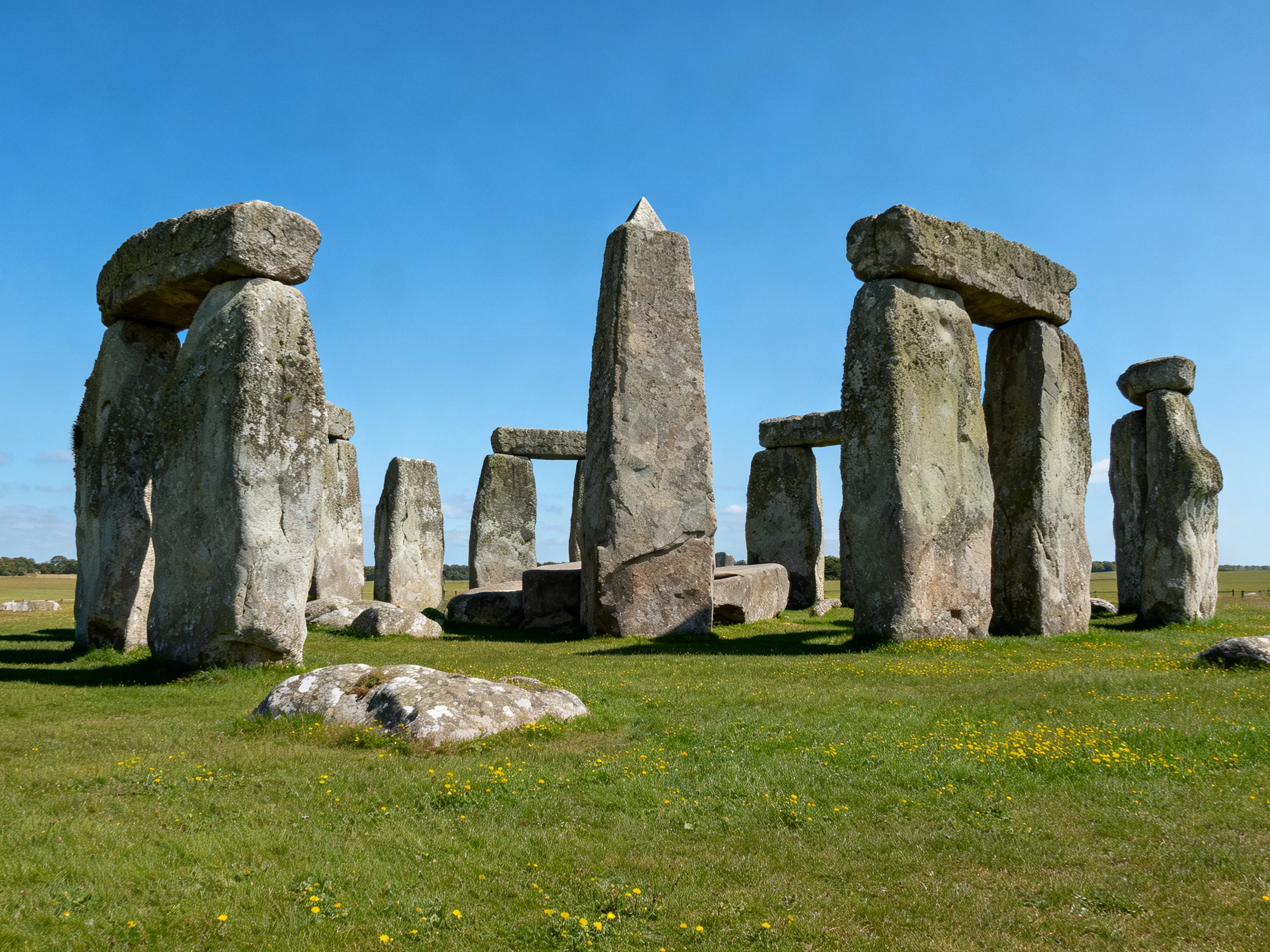 Ancient stone monument with massive gray boulders under clear blue sky