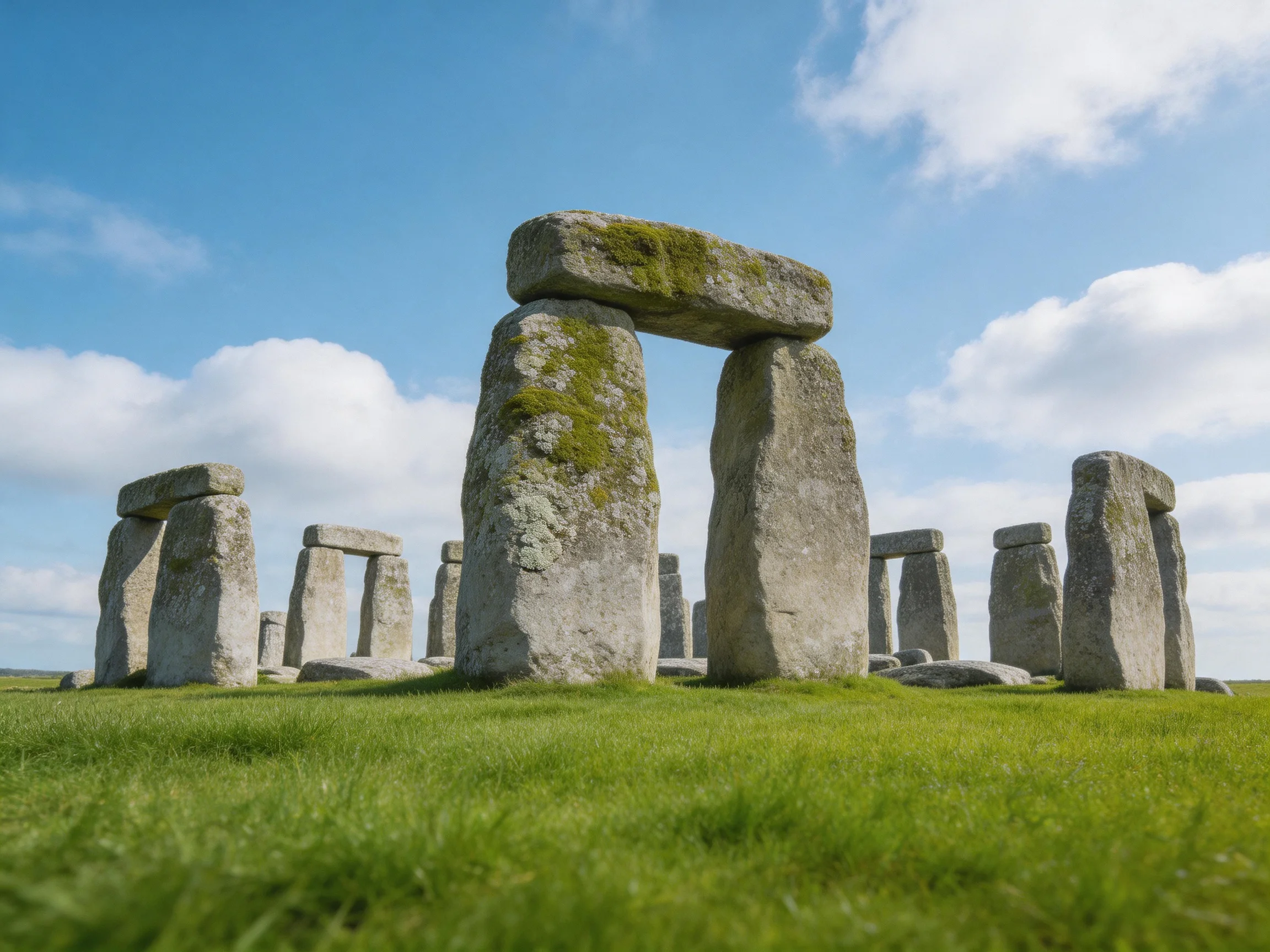 Ancient stone monument with moss-covered structures under bright blue sky