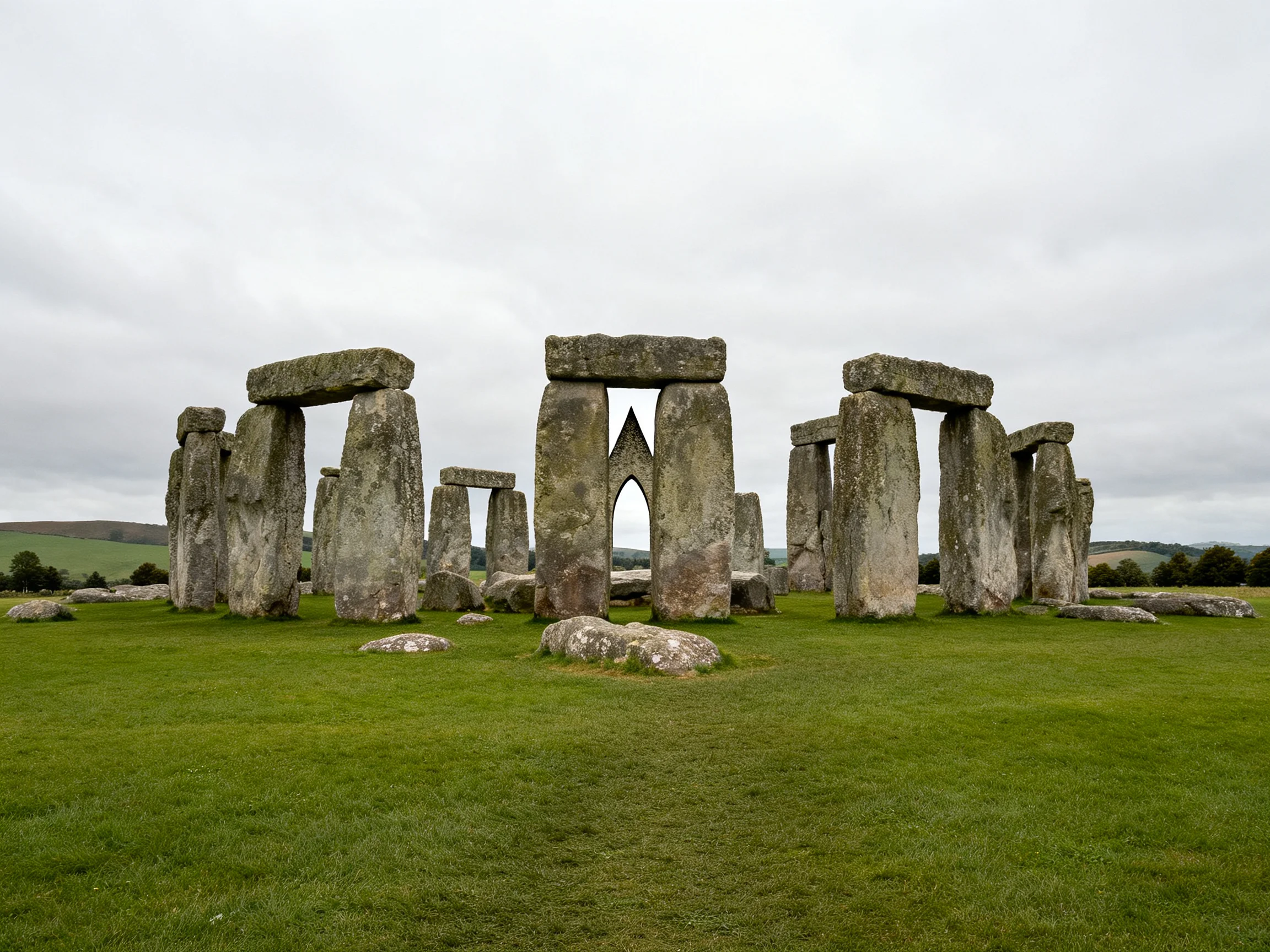 Ancient stone monument with weathered stones on lush green field