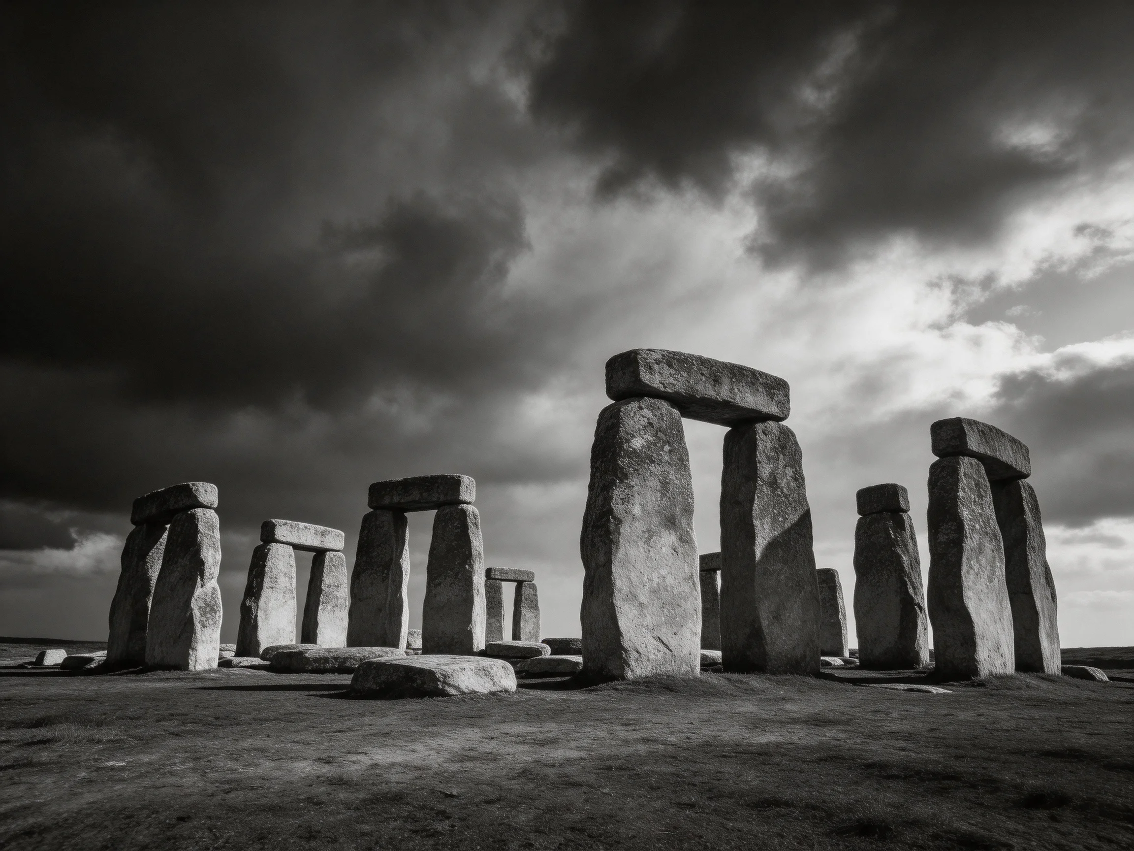 Ancient stone monuments under a dramatic, cloudy sky