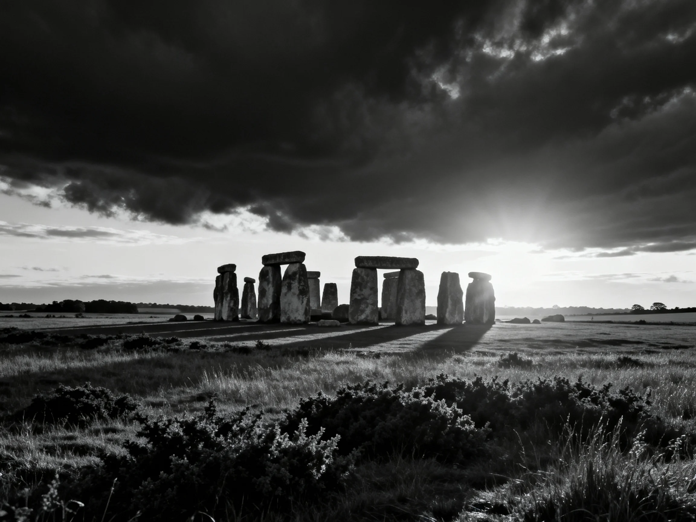 Ancient stone monuments under dramatic cloudy sky with sunlight