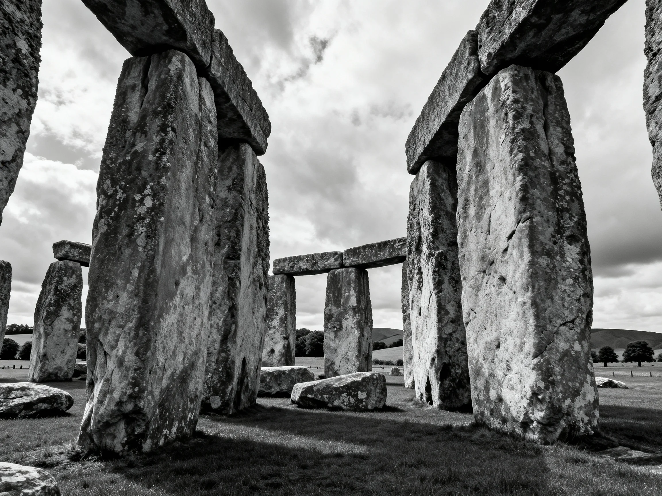 Ancient stone monuments with weathered surfaces under cloudy skies