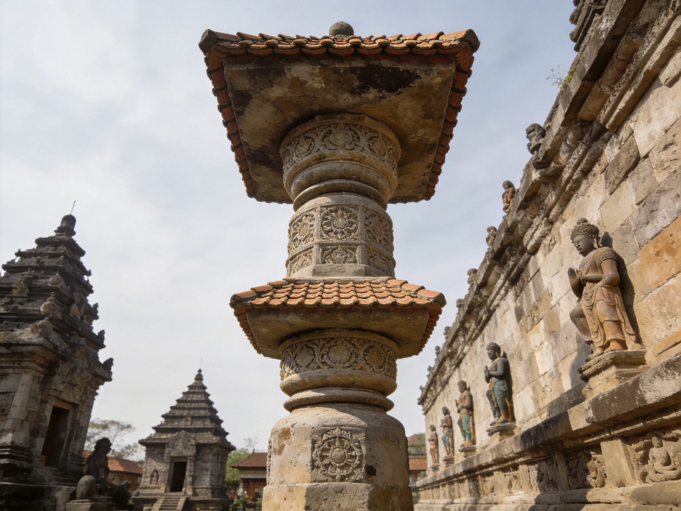 Ancient stone pillar among carved temple ruins