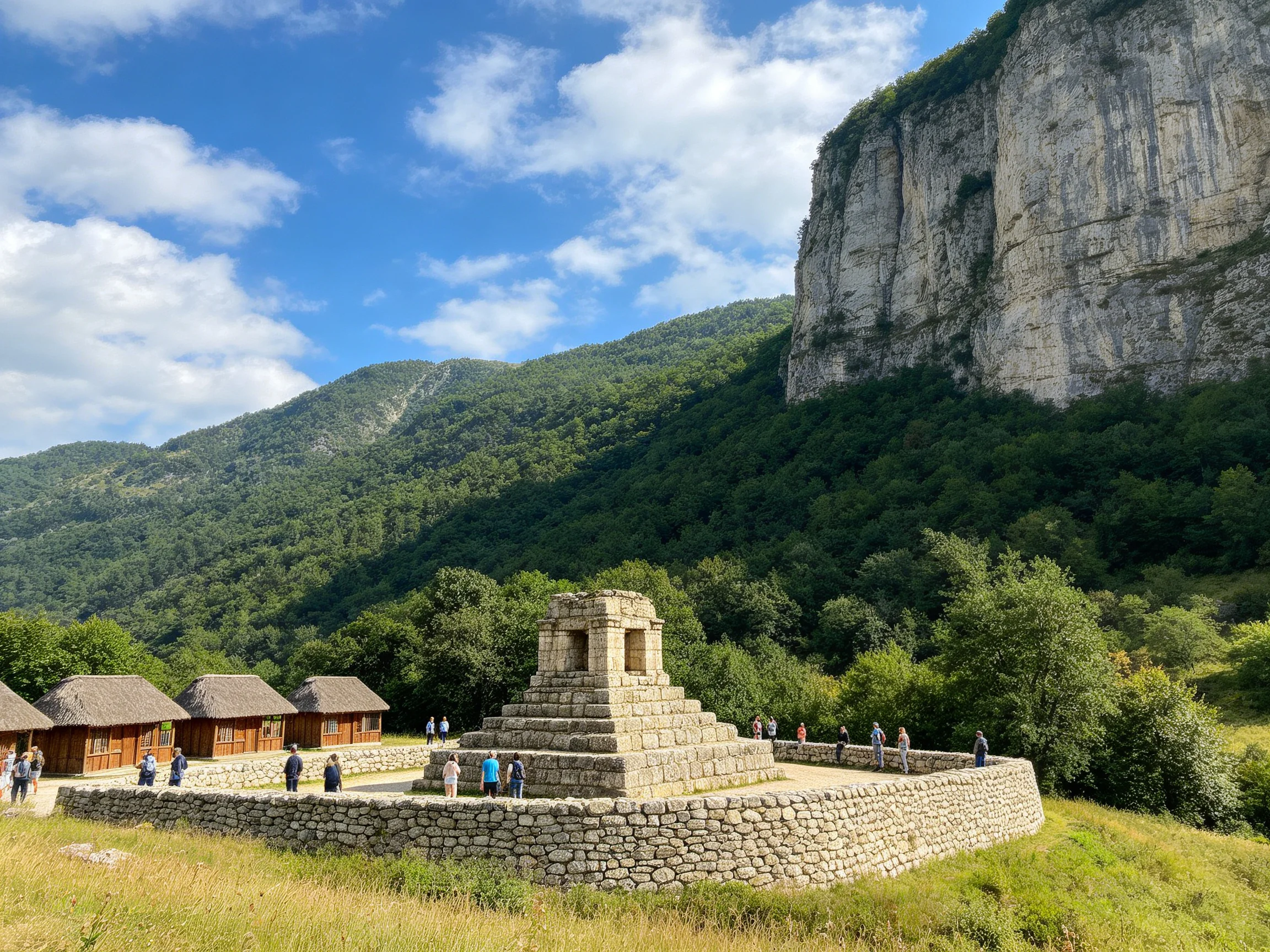 Ancient stone pyramid near wooden cabins by towering cliffs