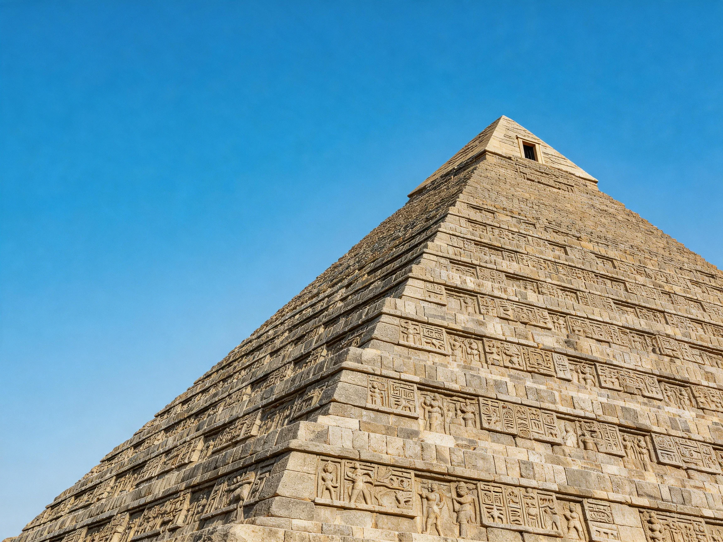 Ancient stone pyramid with hieroglyphic carvings under clear blue sky
