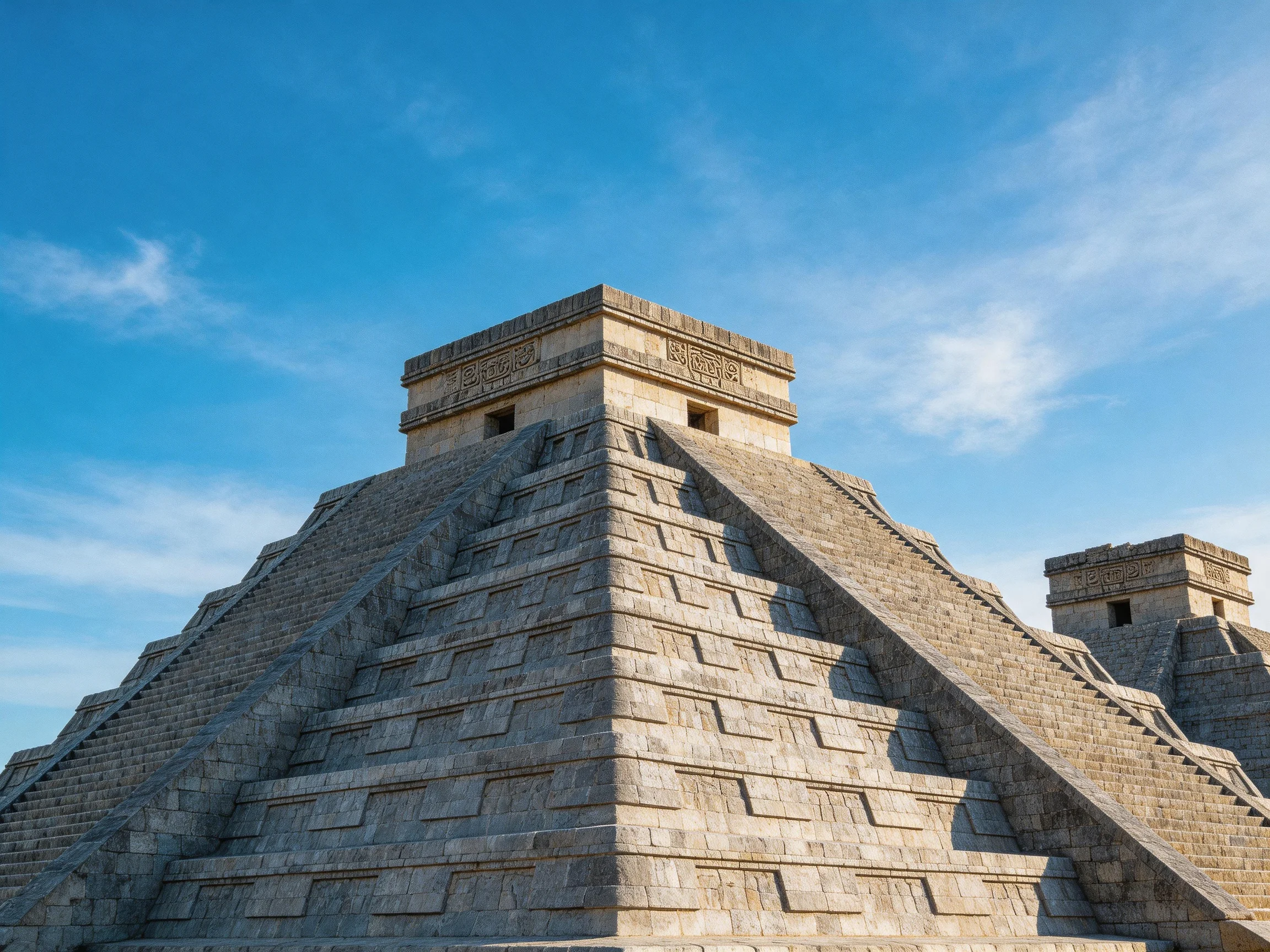 Ancient stone pyramids with stepped design under clear blue sky