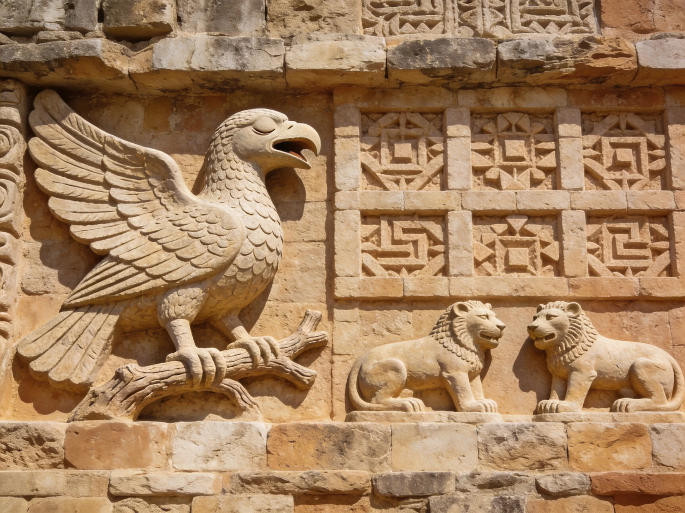 Ancient stone relief with an eagle and two lion carvings, warm-hued architecture