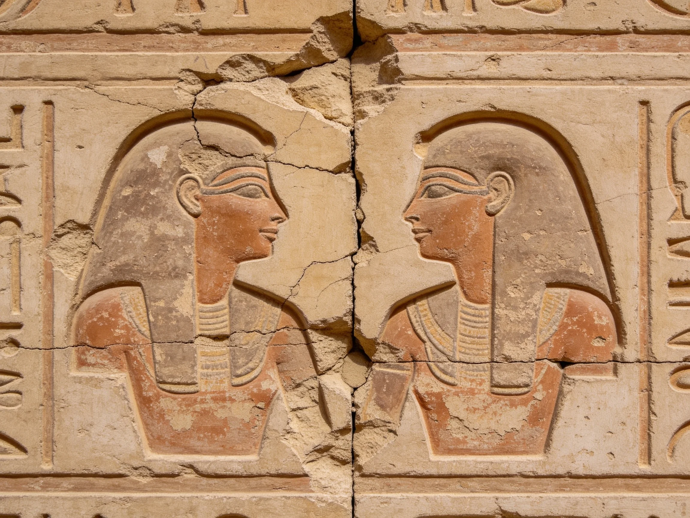 Ancient stone relief with two symmetrical carved figures in earthy tones