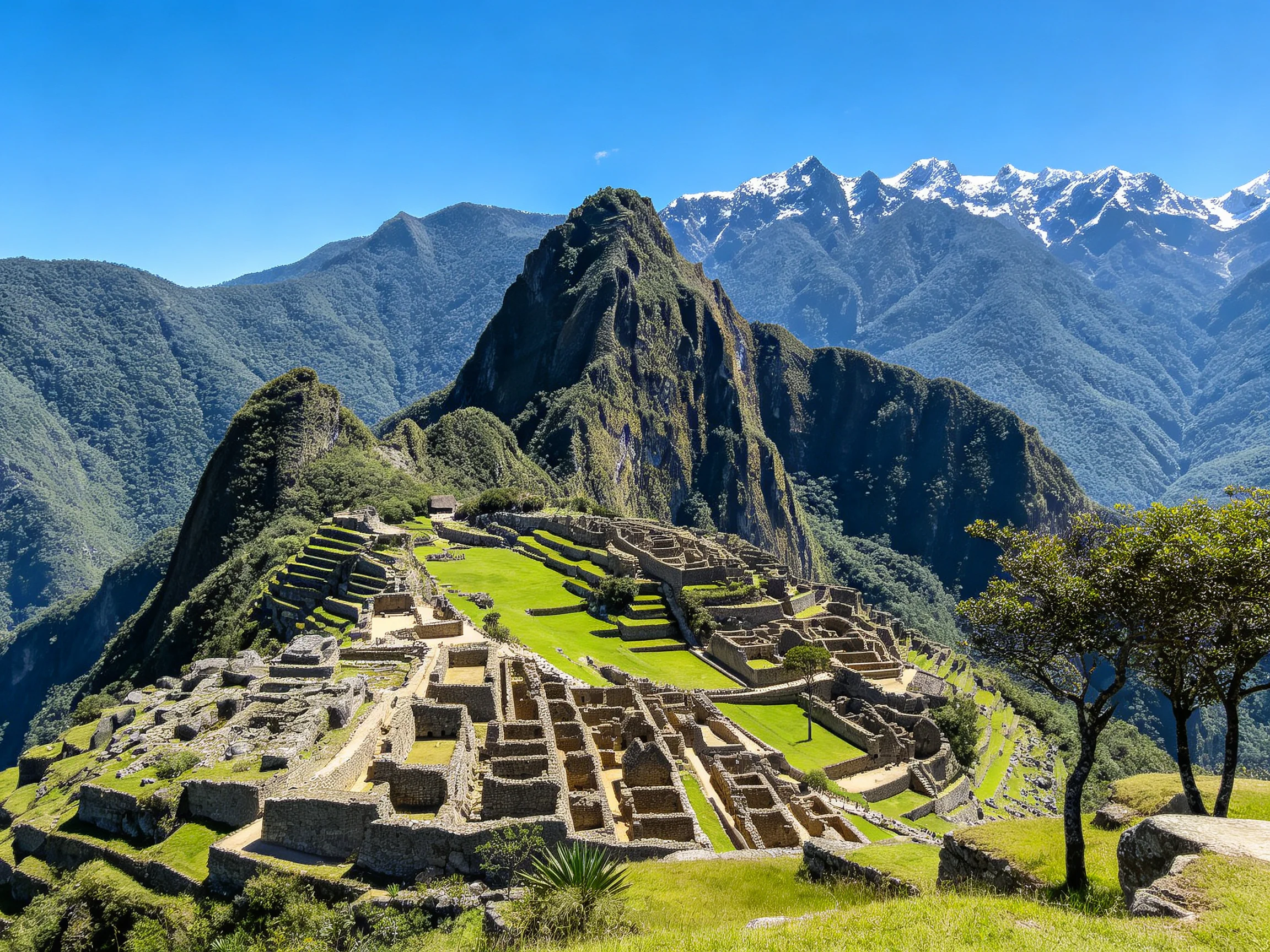 Ancient stone ruins atop a lush mountain with snow-capped peaks