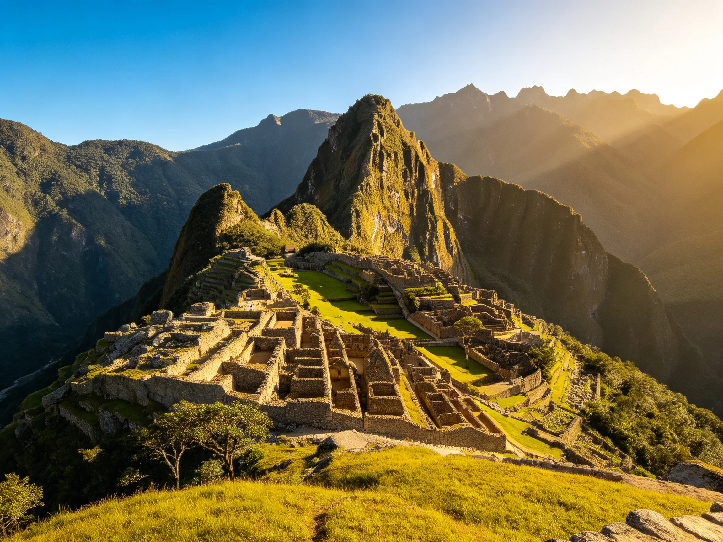 Ancient stone ruins atop a mountain peak with lush green terraces