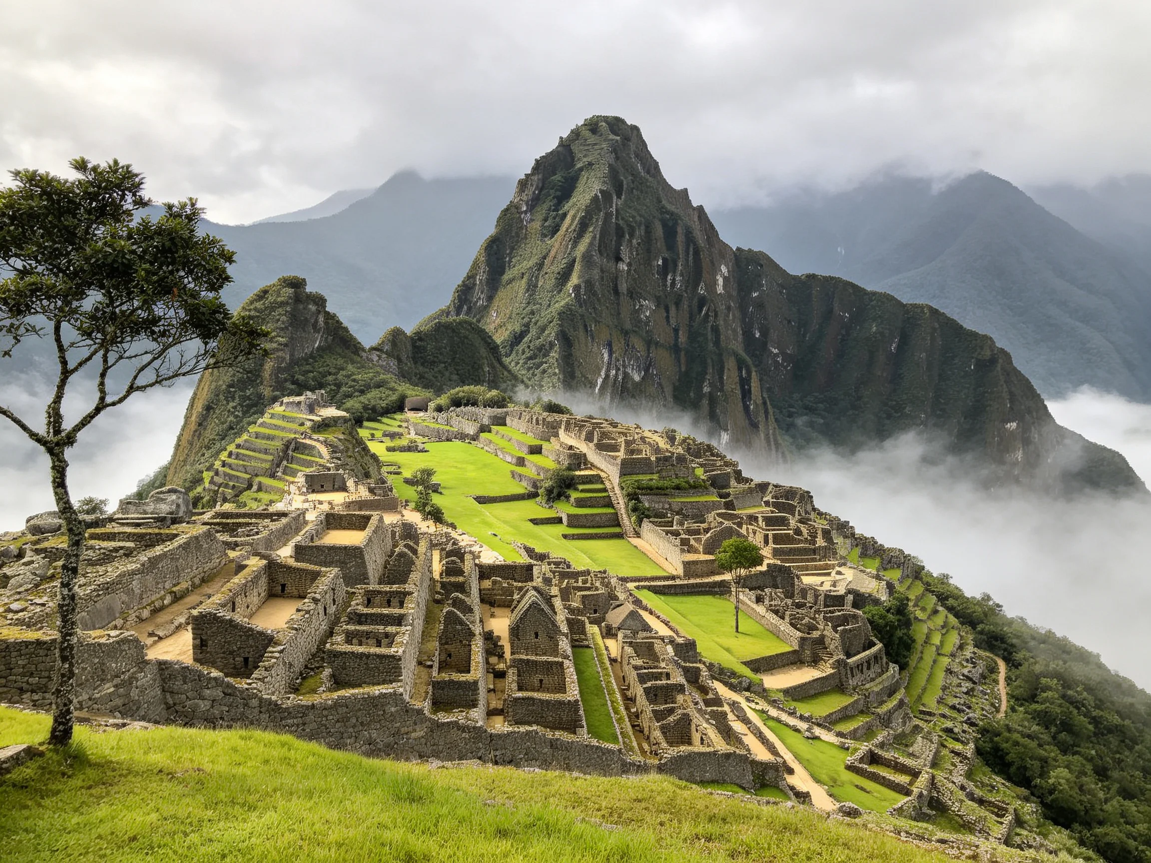 Ancient stone ruins atop a mountain with green terraces and misty peaks