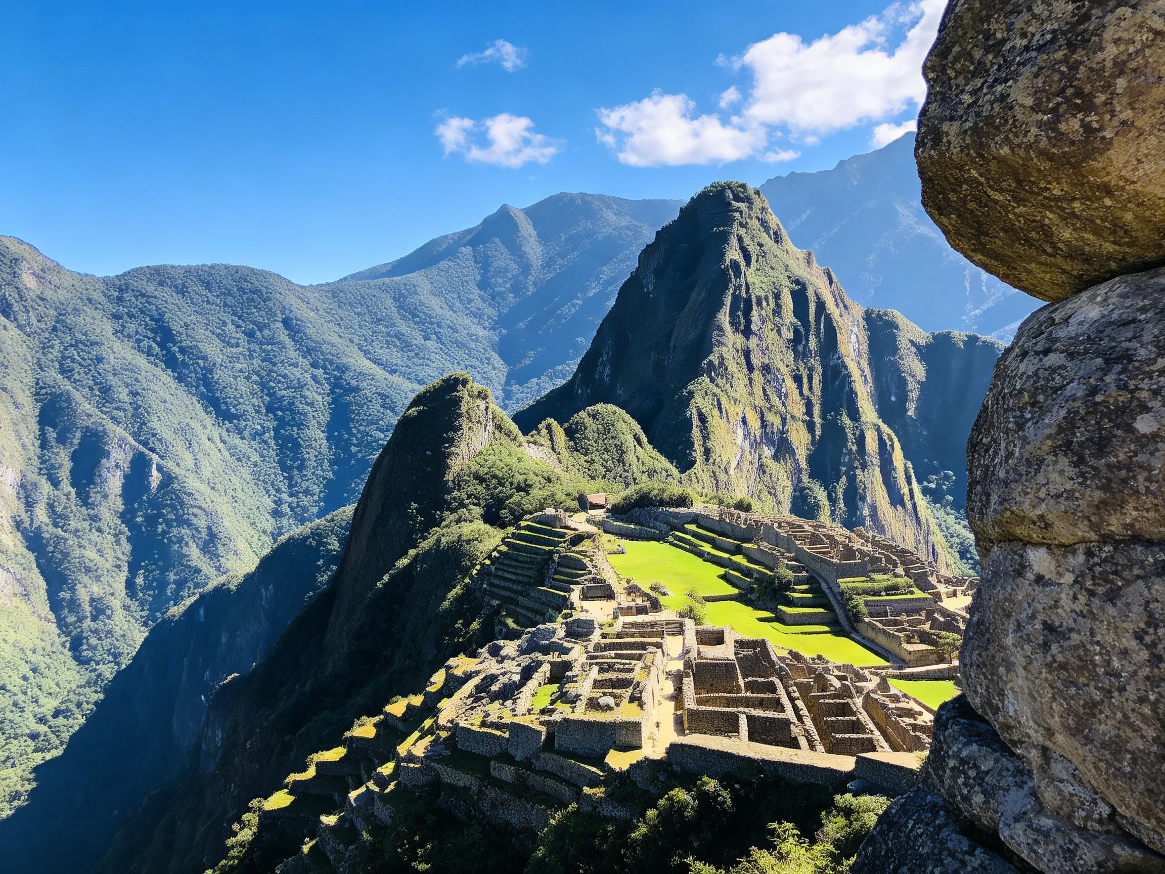 Ancient stone ruins atop lush green mountains under bright blue sky