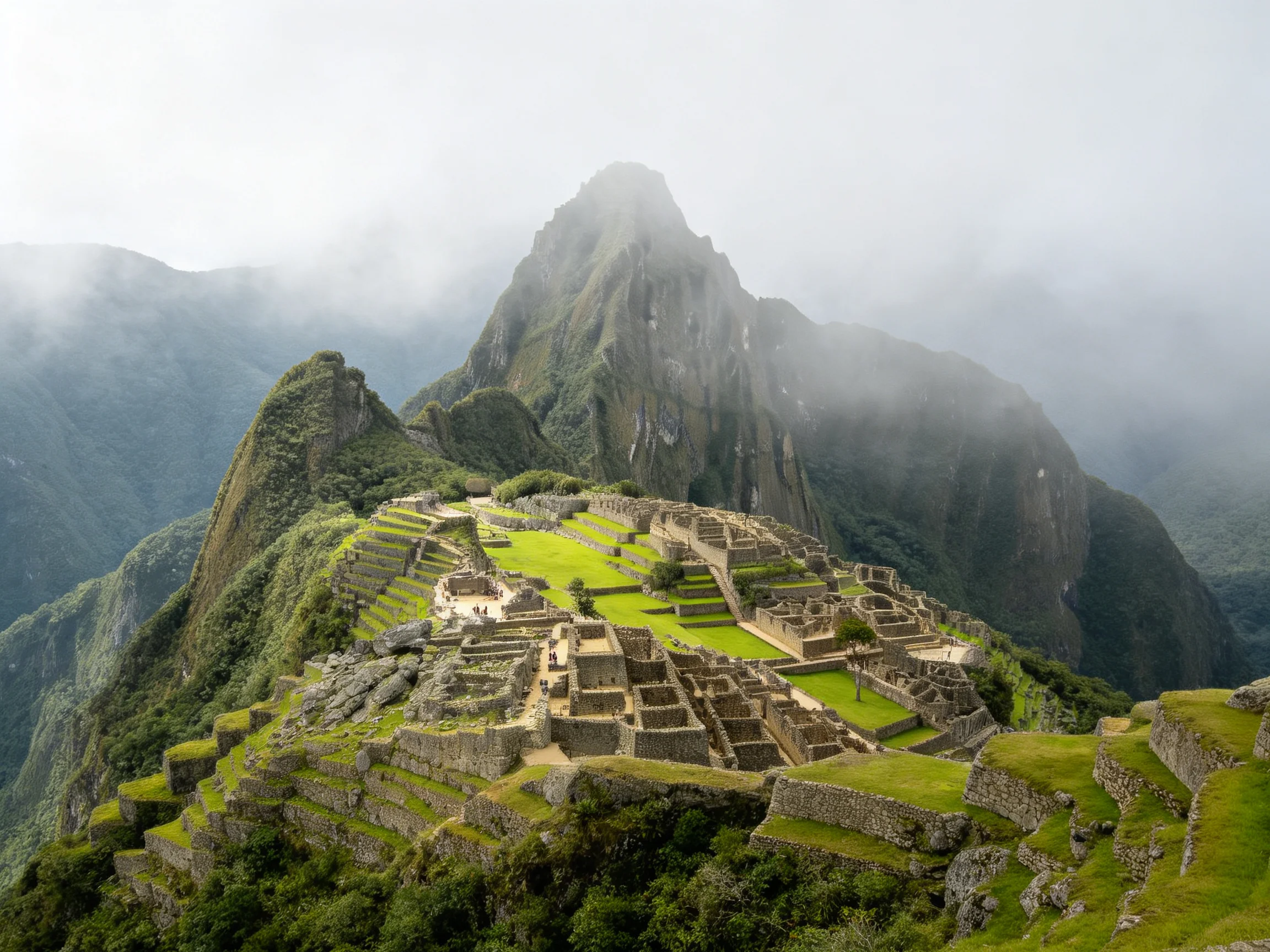 Ancient stone ruins atop lush green terraced hillside with misty mountains