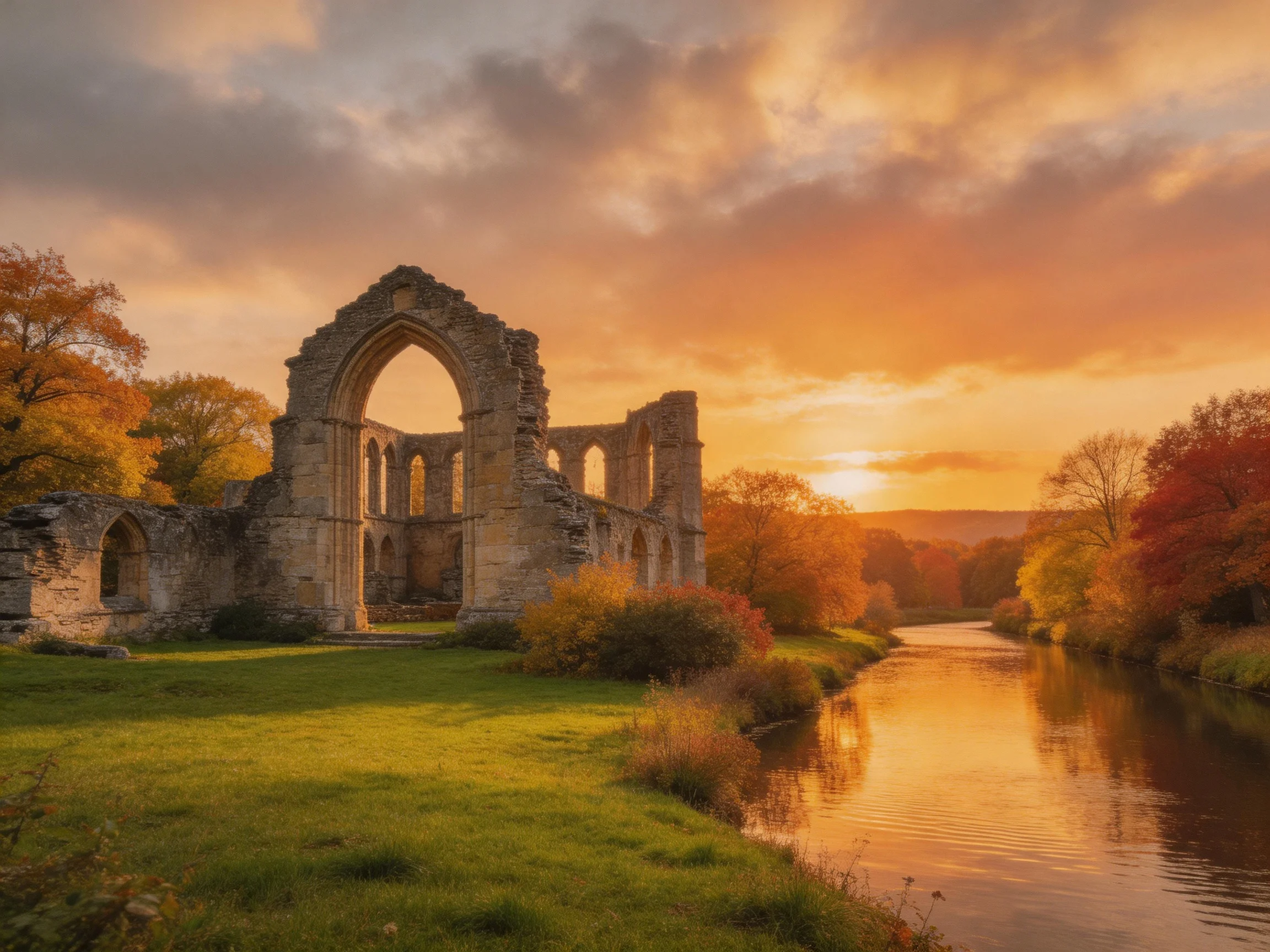 Ancient stone ruins beside a calm river at golden hour