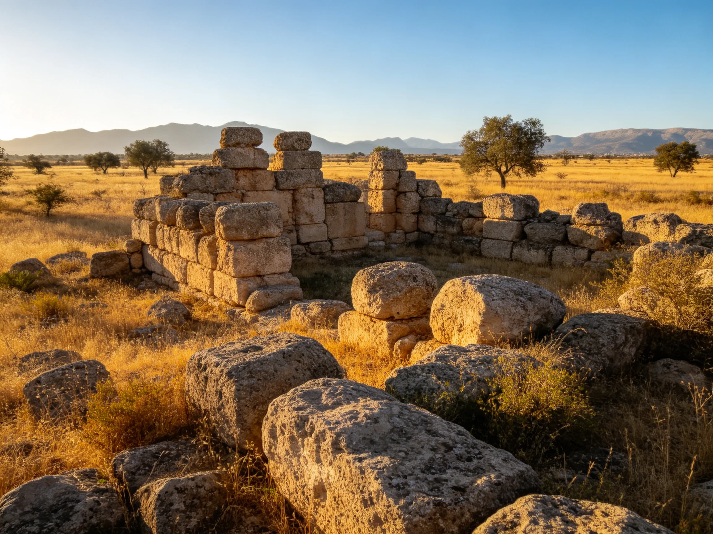 Ancient stone ruins in golden fields under clear blue sky