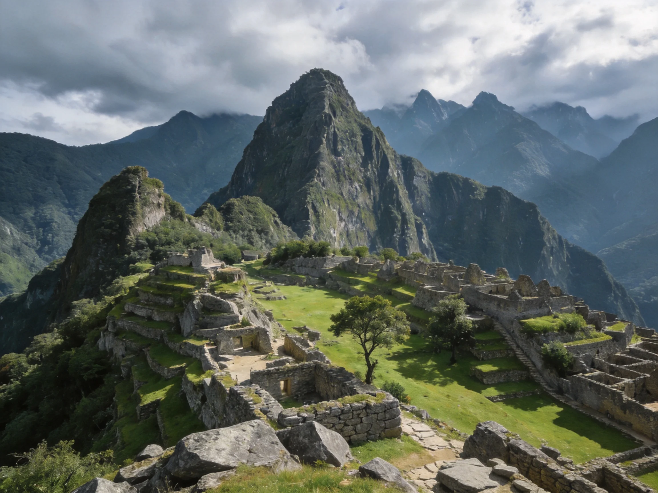 Ancient stone ruins on a lush mountain with misty surrounding peaks