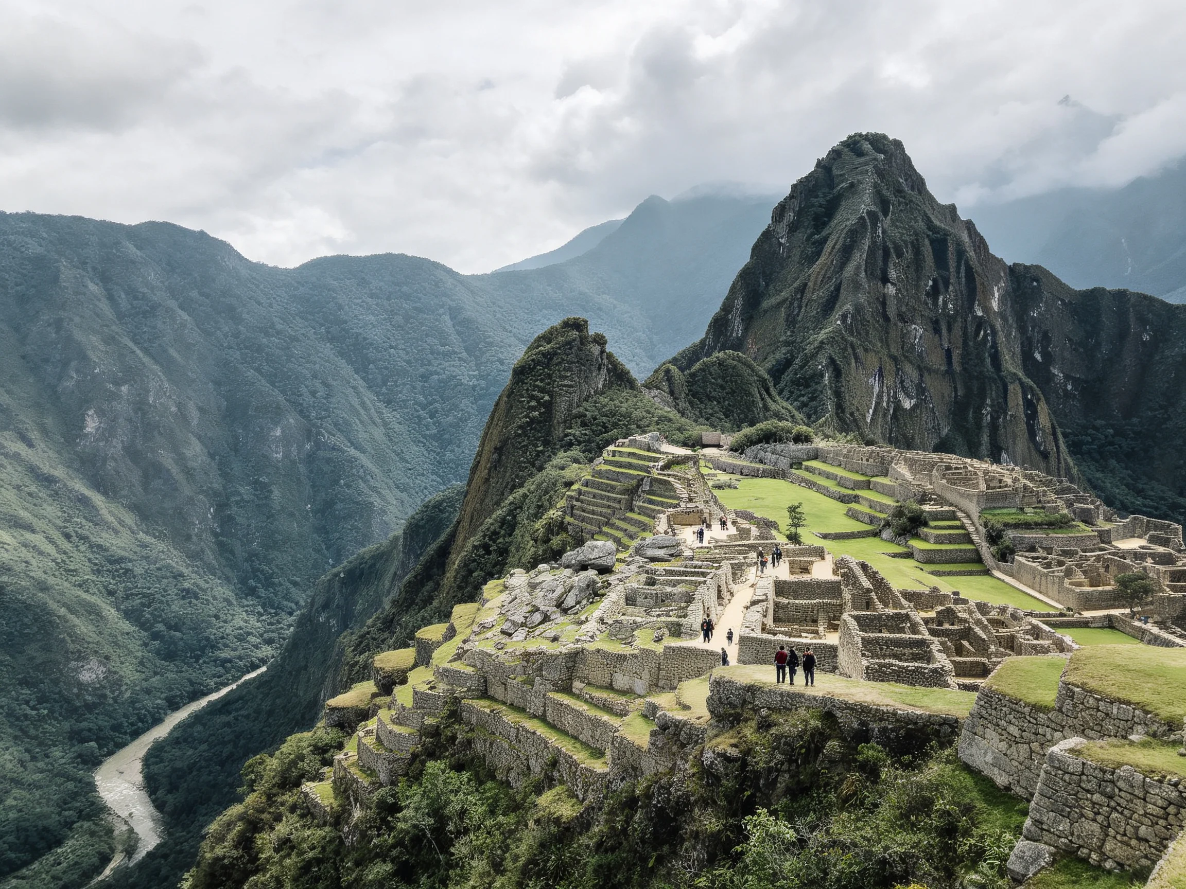 Ancient stone ruins on a mountain with green terraced structures