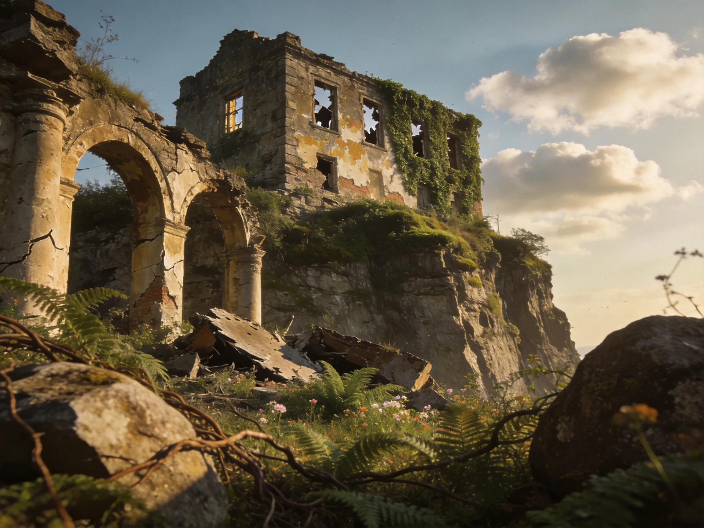 Ancient stone ruins overgrown with vines on a cliffside