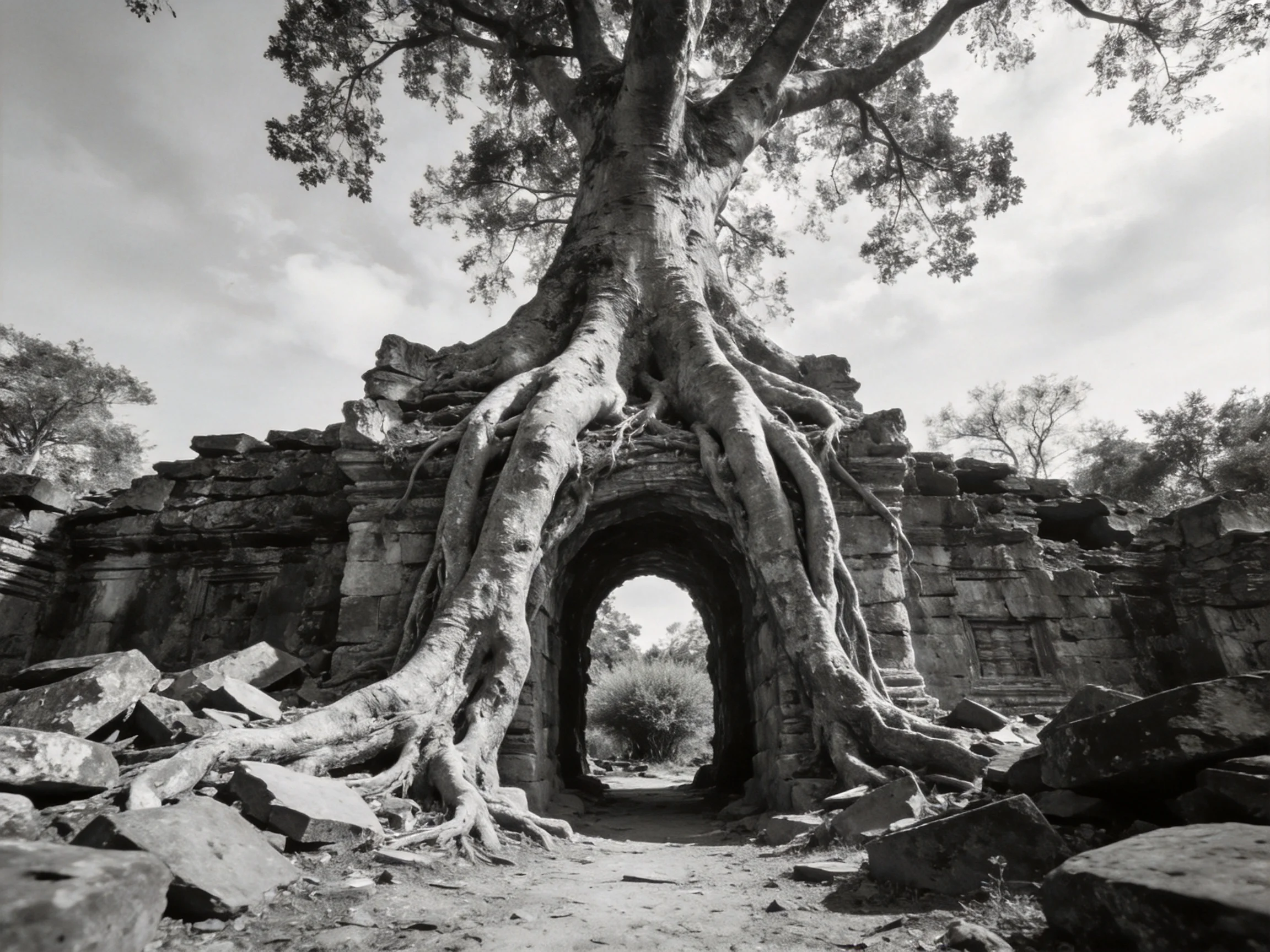 Ancient stone ruins overtaken by massive tree roots in black and white