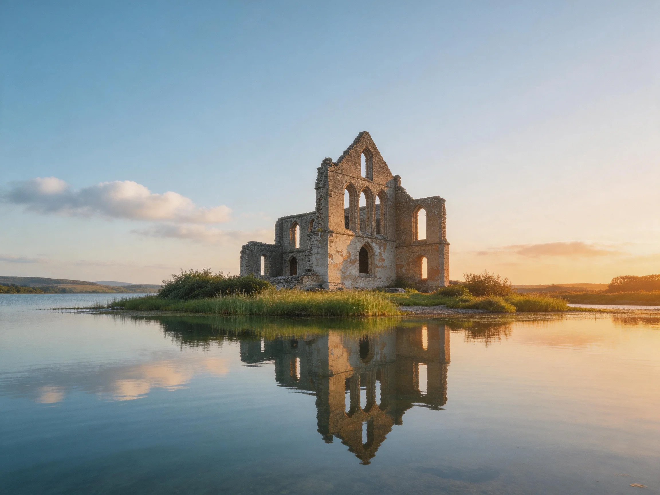 Ancient stone ruins reflected in calm lake waters at sunset