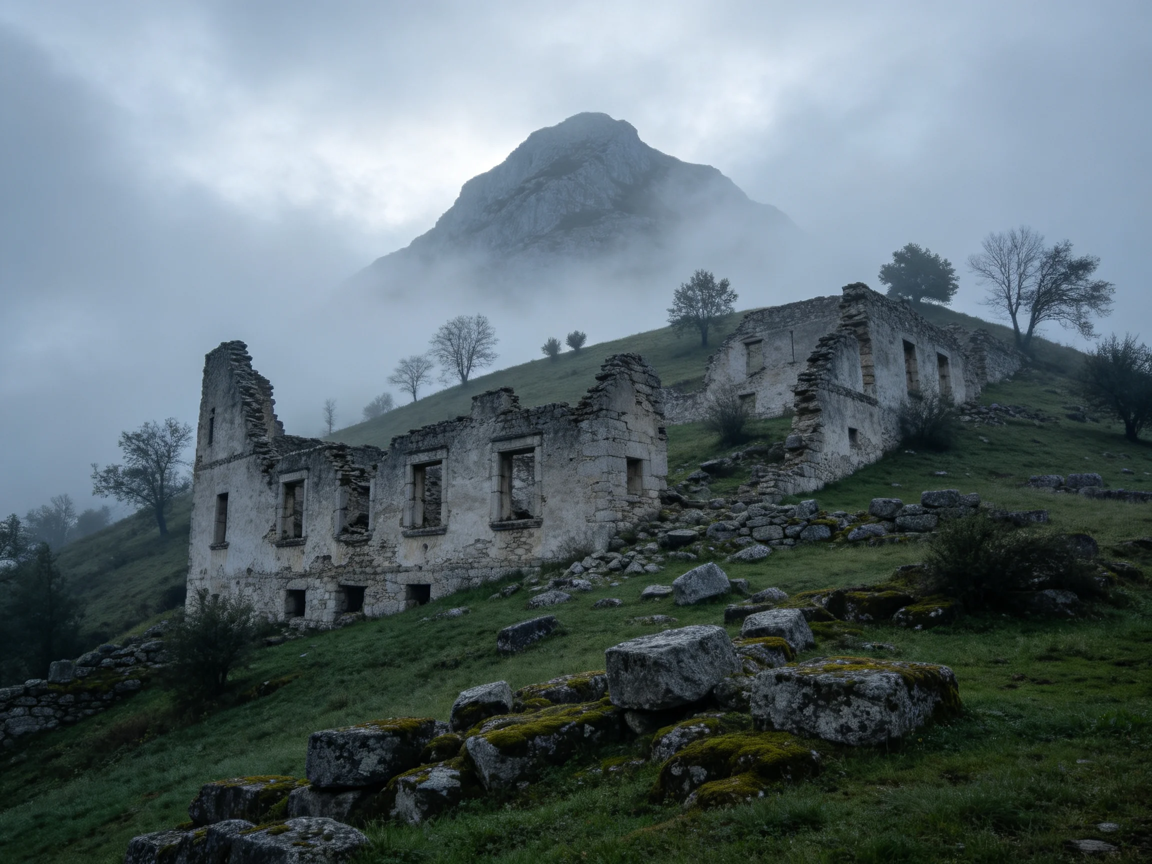 Ancient stone ruins sit atop a mist-shrouded hillside near a towering peak.