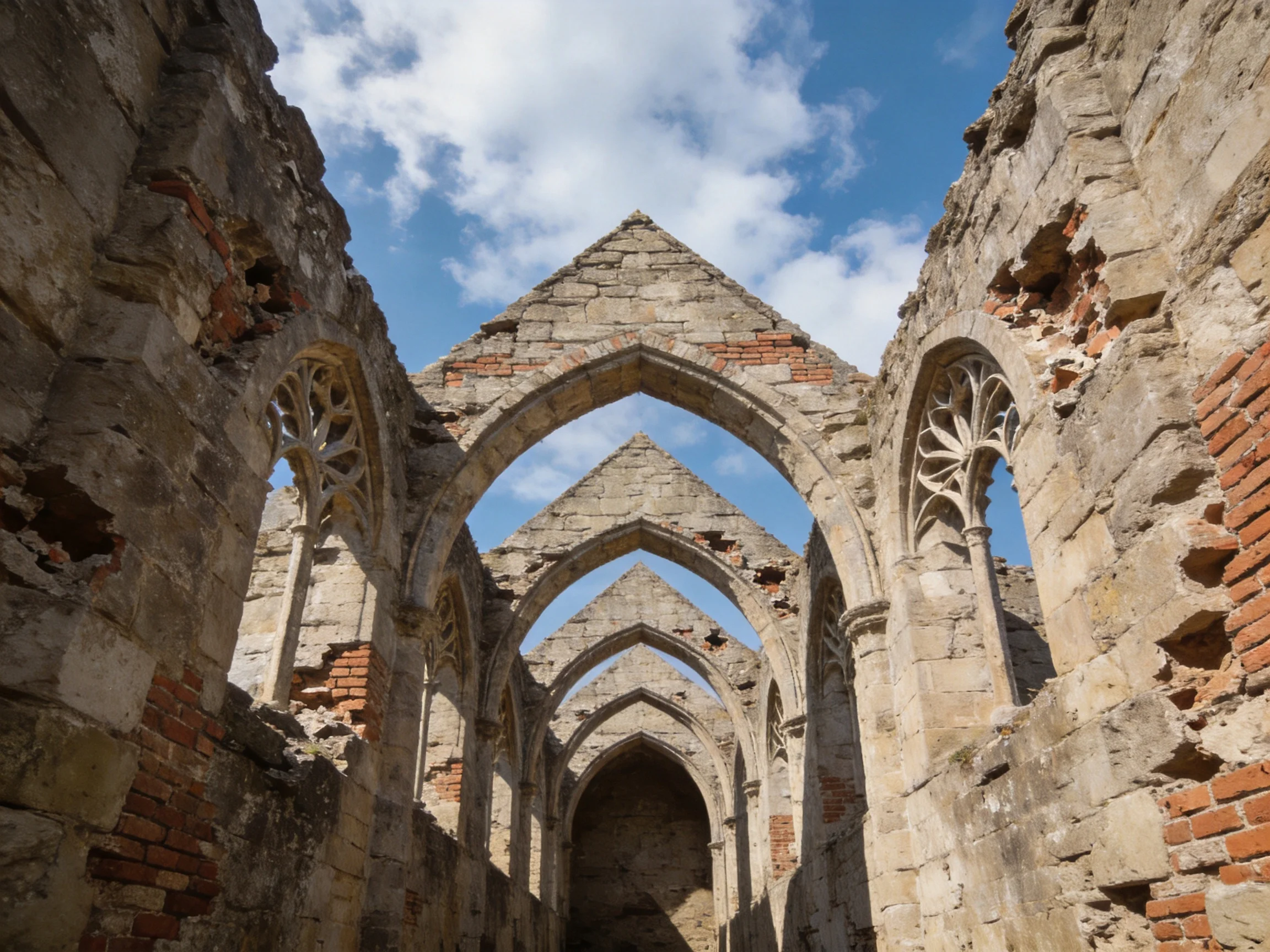 Ancient stone ruins with Gothic arches and weathered brick walls