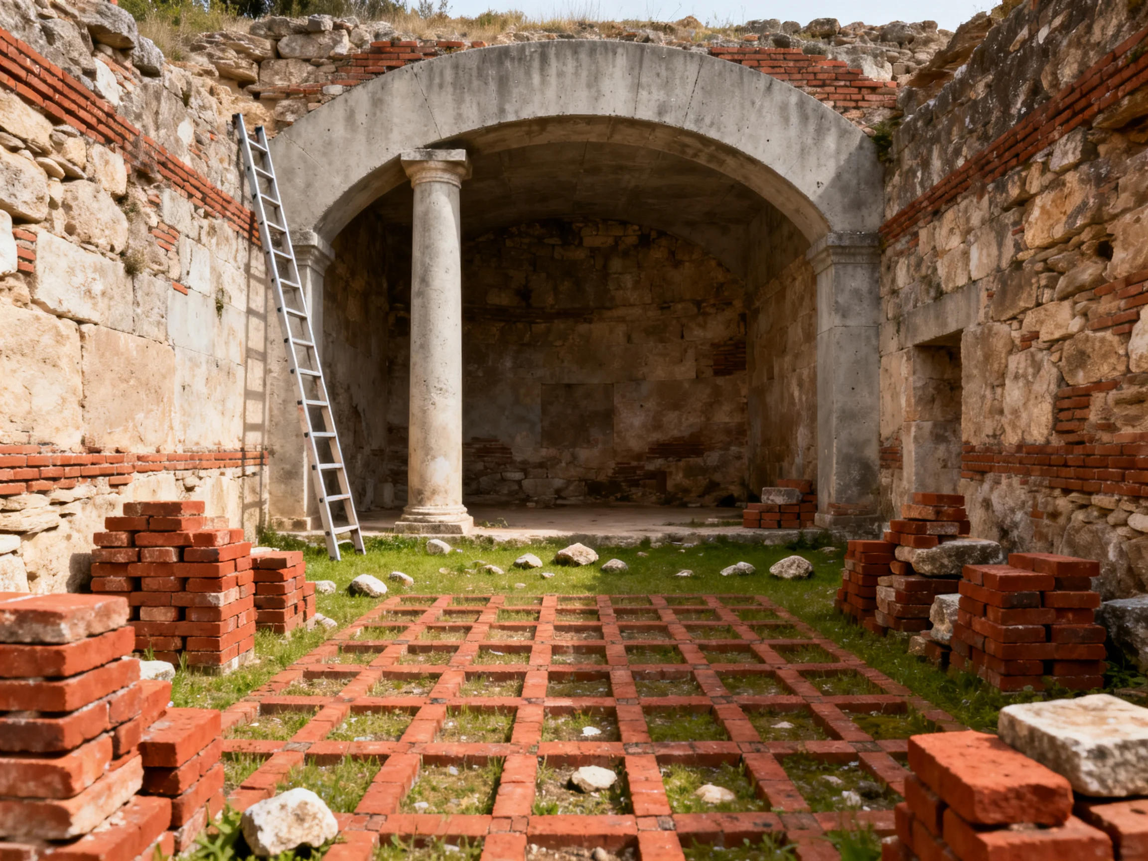 Ancient stone ruins with an arched entrance and brick piles