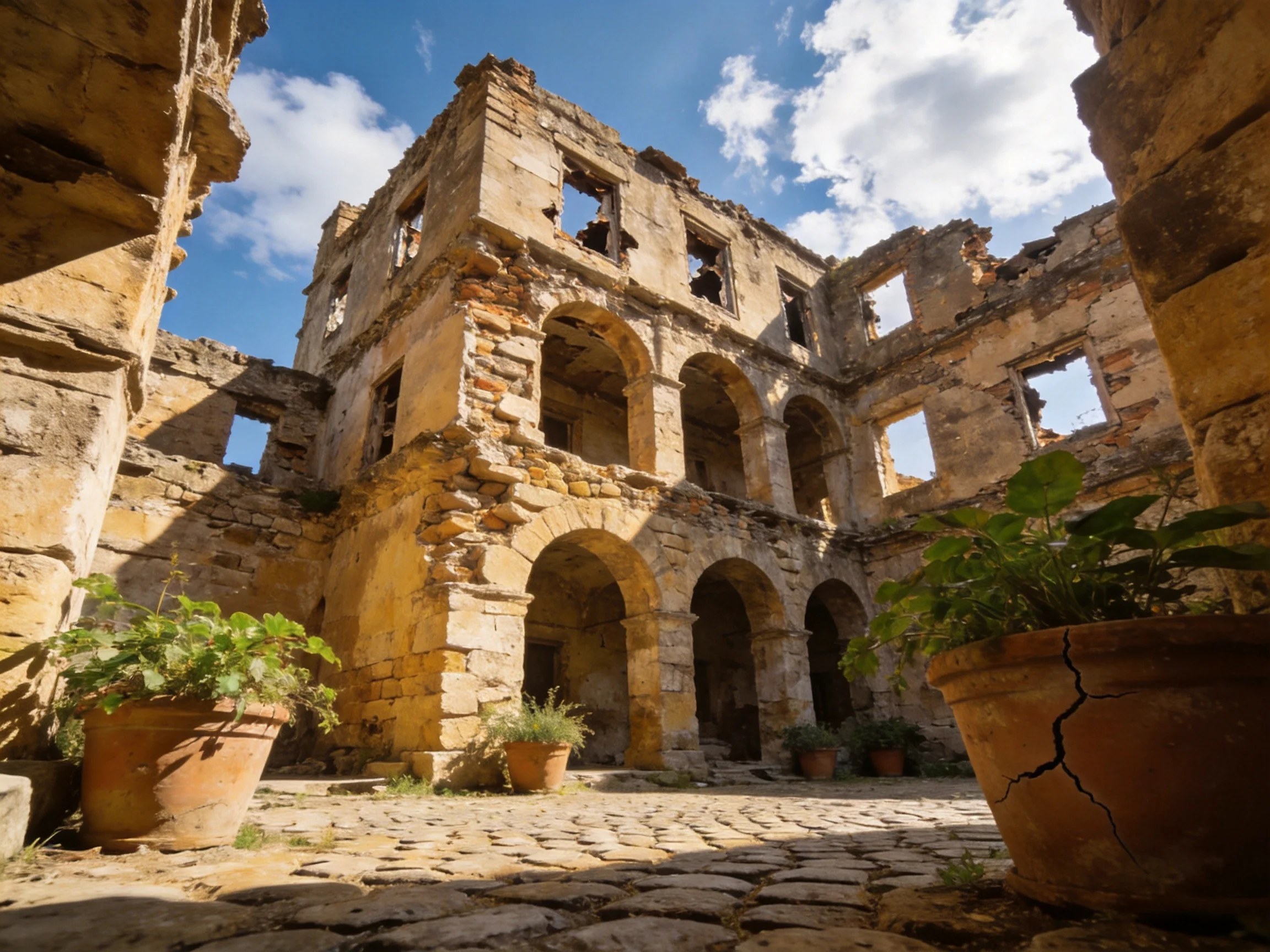 Ancient stone ruins with arched openings and terracotta planters