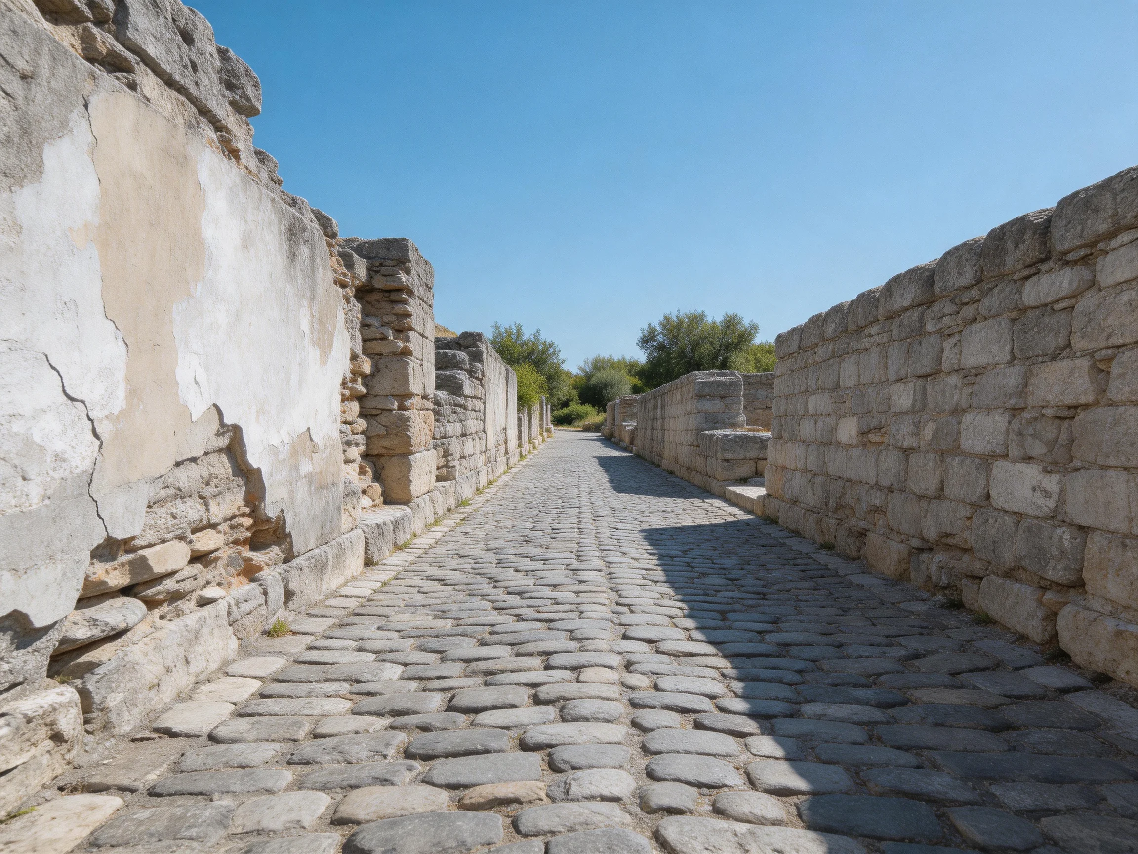 Ancient stone ruins with cobblestone pathway under clear blue sky