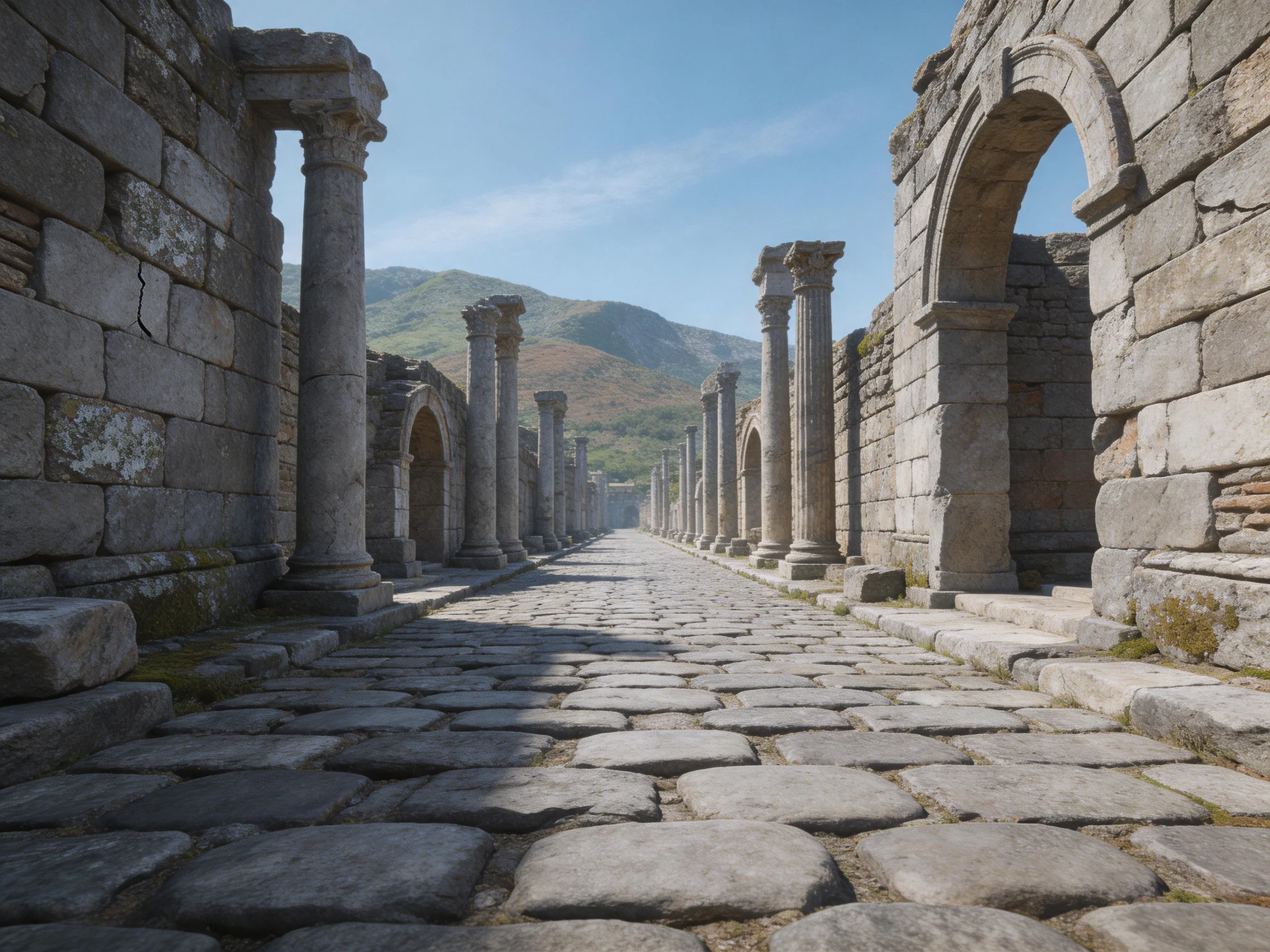 Ancient stone ruins with columns and cobblestone pathway