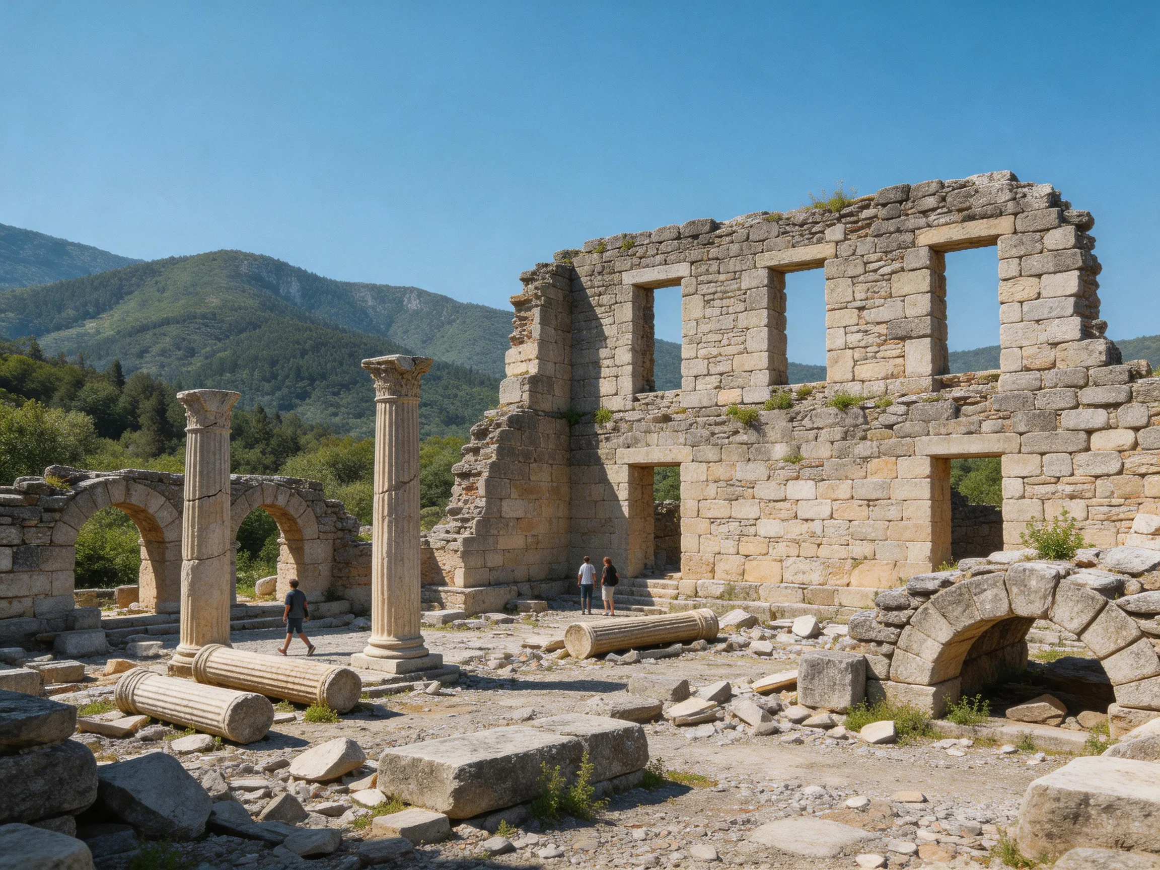 Ancient stone ruins with columns near green mountainous landscape
