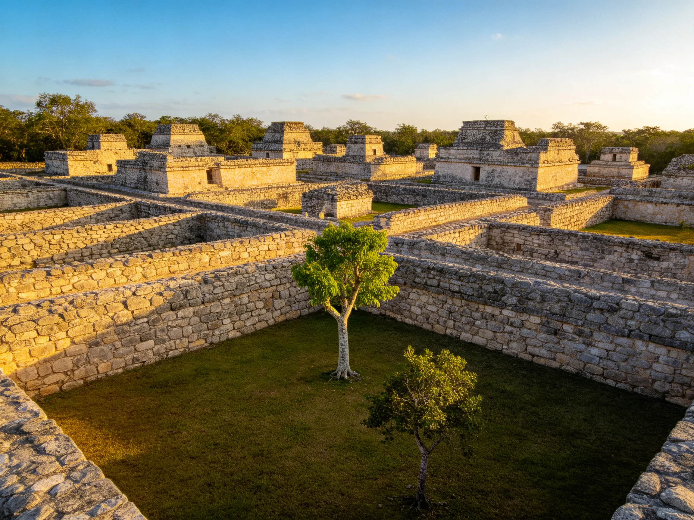 Ancient stone ruins with green trees bathed in golden light