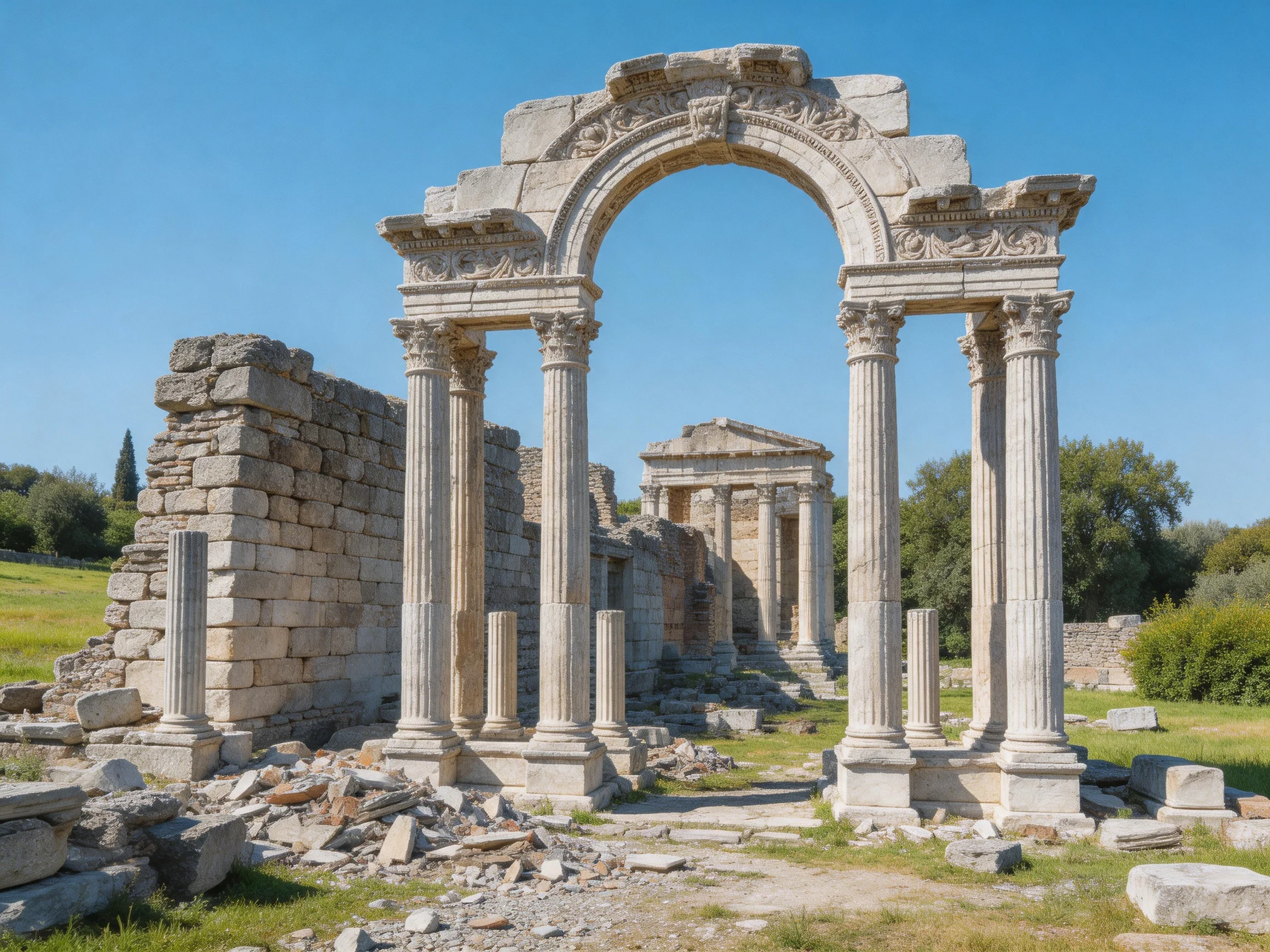 Ancient stone ruins with ornate archway and columns