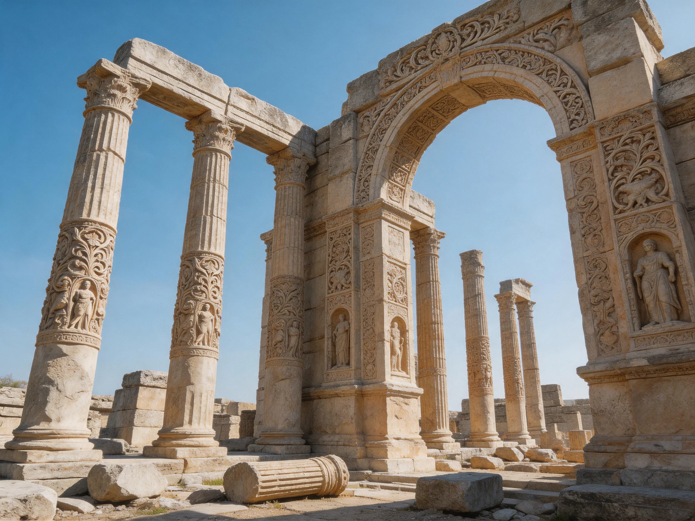 Ancient stone ruins with ornate carved columns and grand arch
