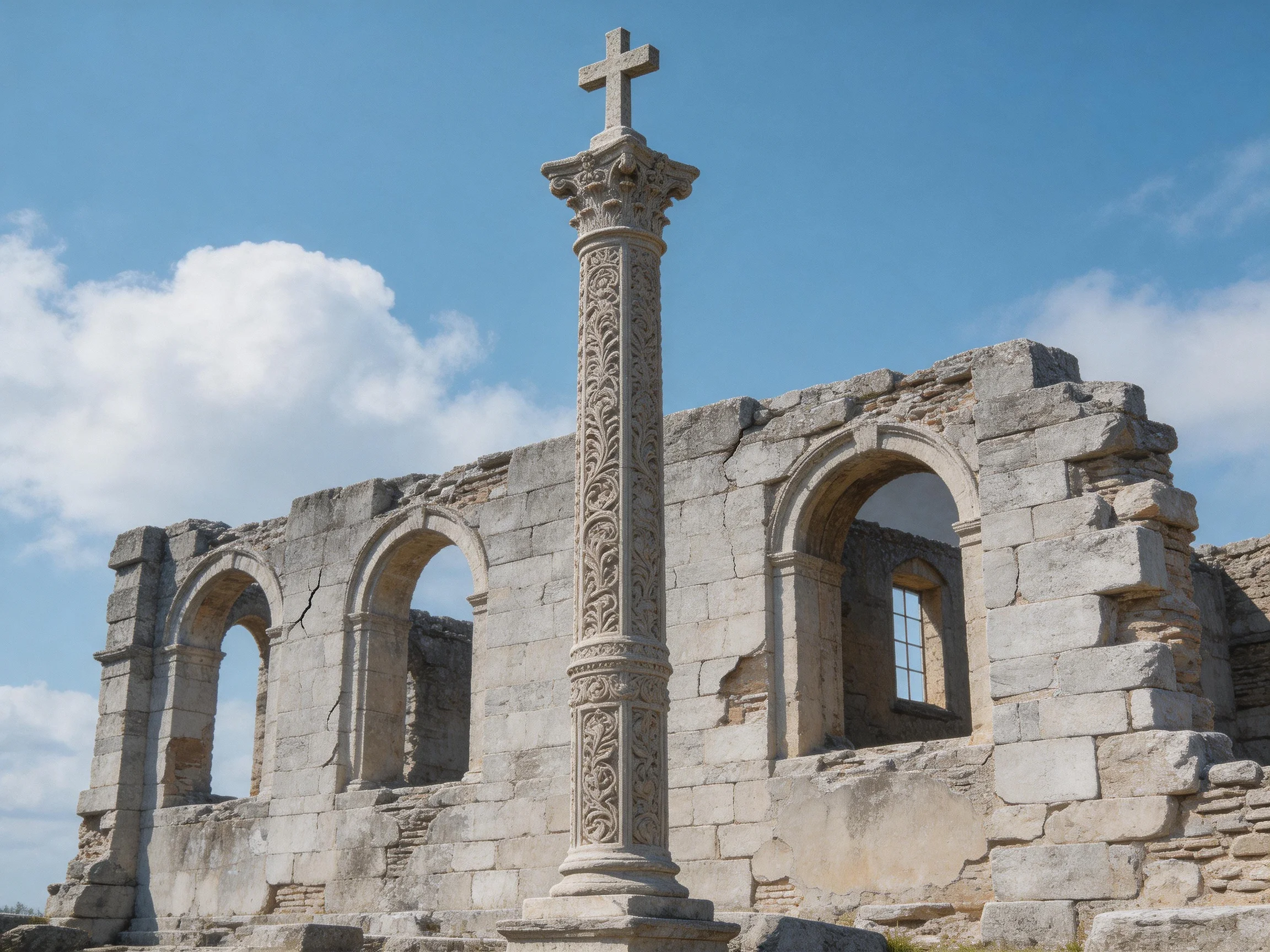 Ancient stone ruins with ornate cross-topped column under bright blue sky