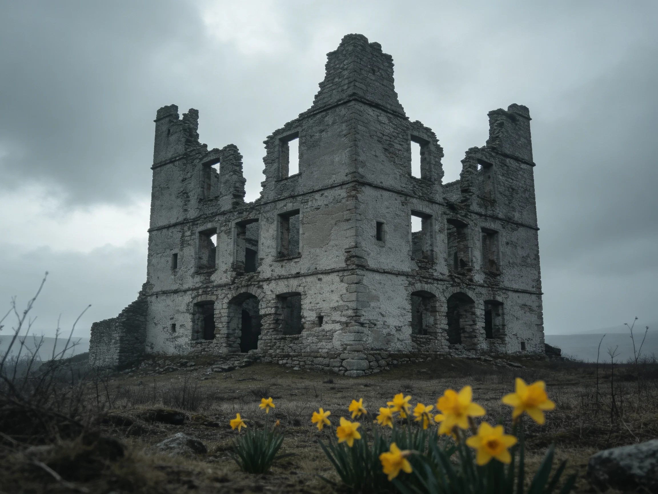 Ancient stone ruins with vibrant yellow flowers under gloomy skies