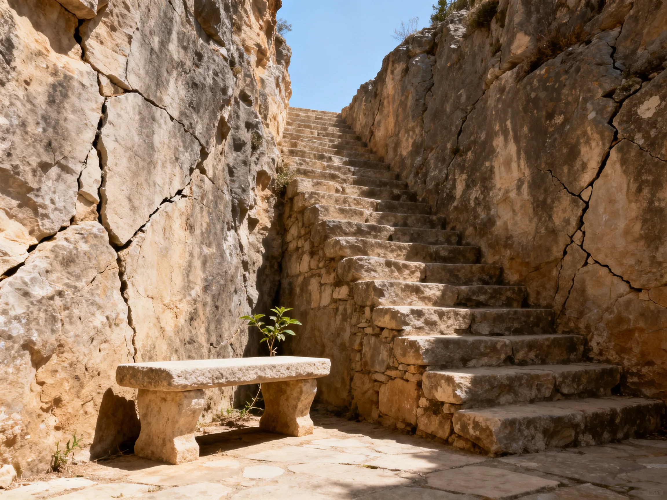 Ancient stone staircase between cracked rock walls with a stone bench