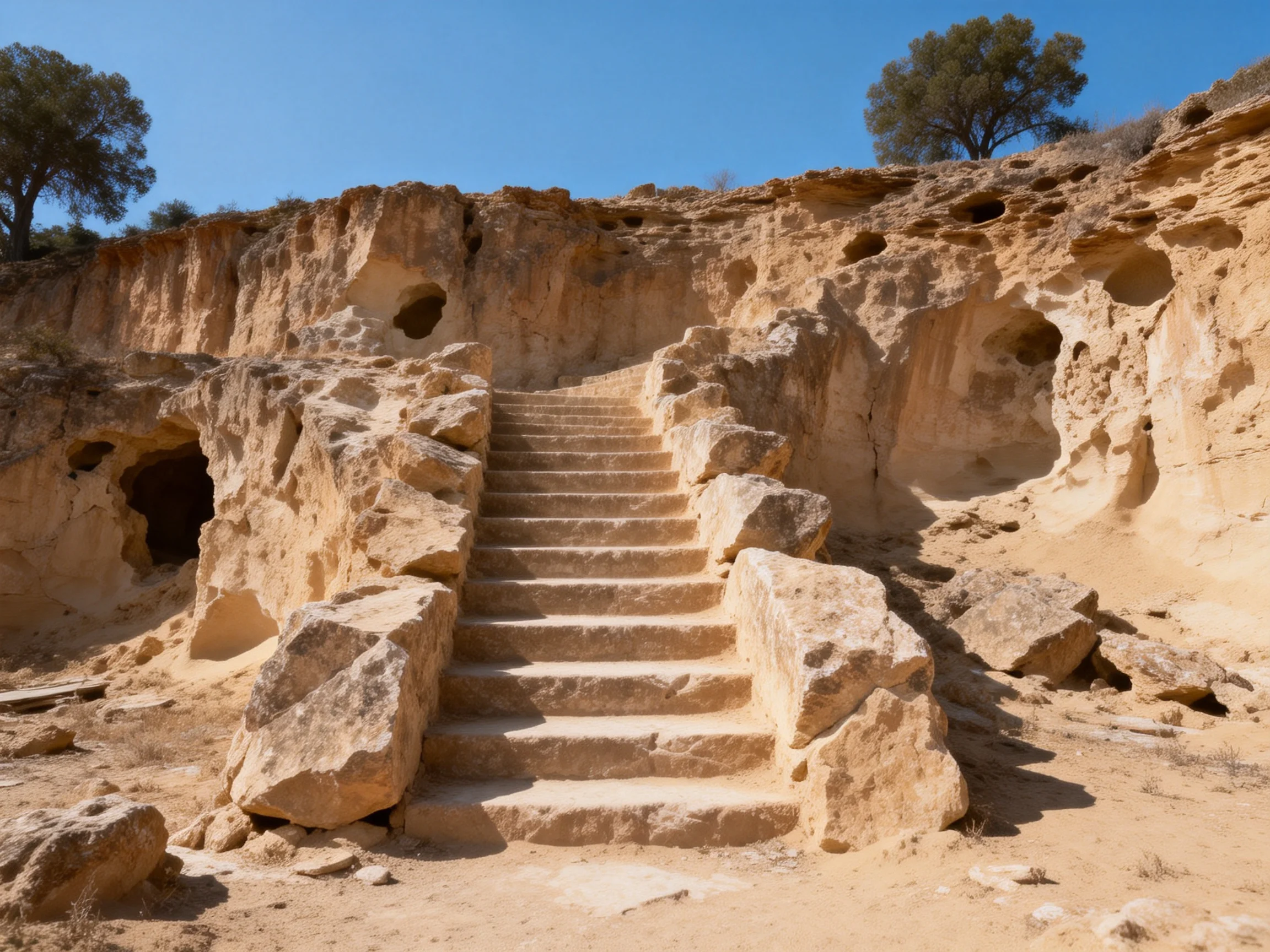 Ancient stone staircase leading into weathered rock cliffs