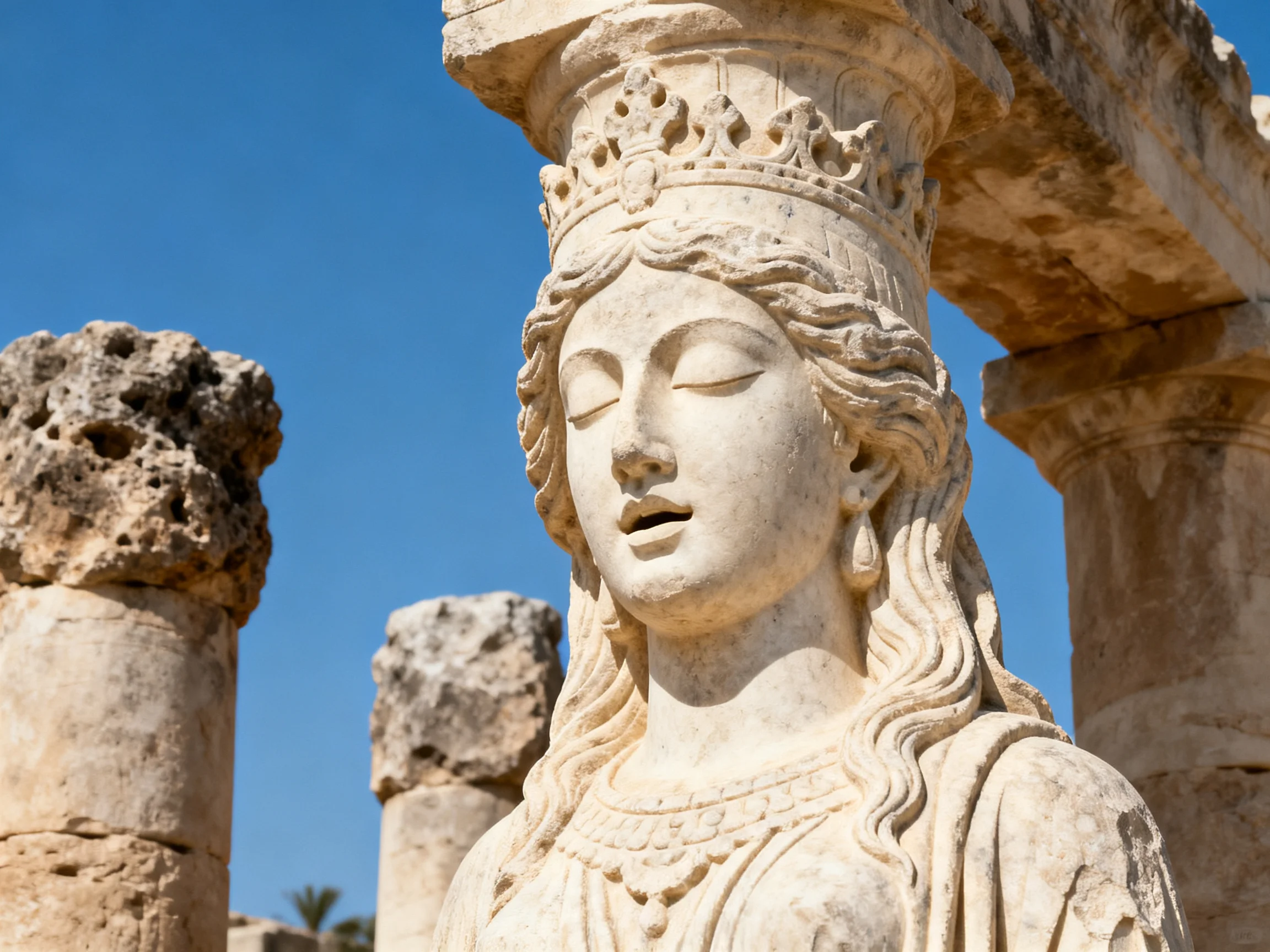 Ancient stone statue adorned with crown beside weathered columns against bright blue sky
