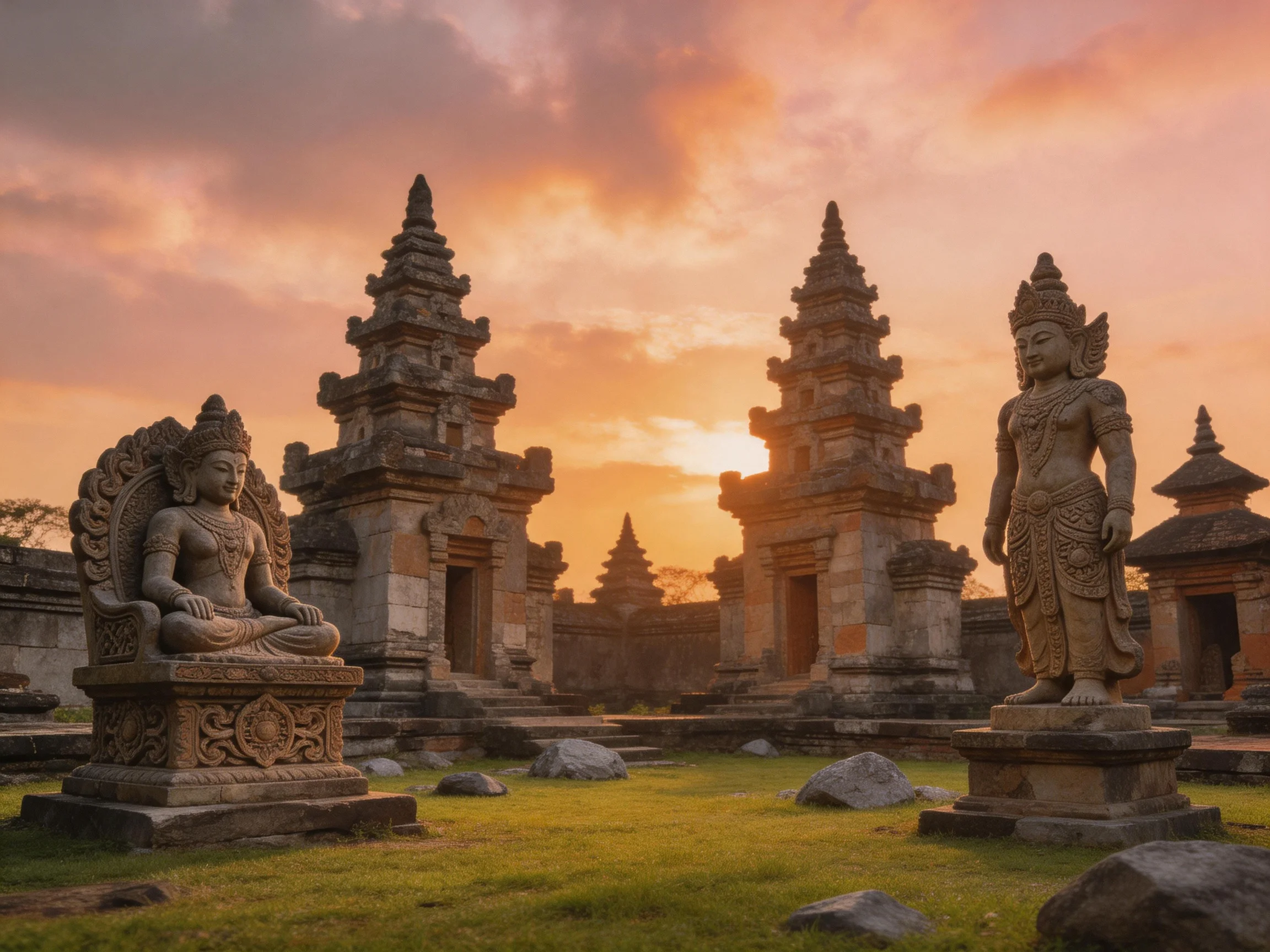 Ancient stone statues and temple structures lit by an orange sunset