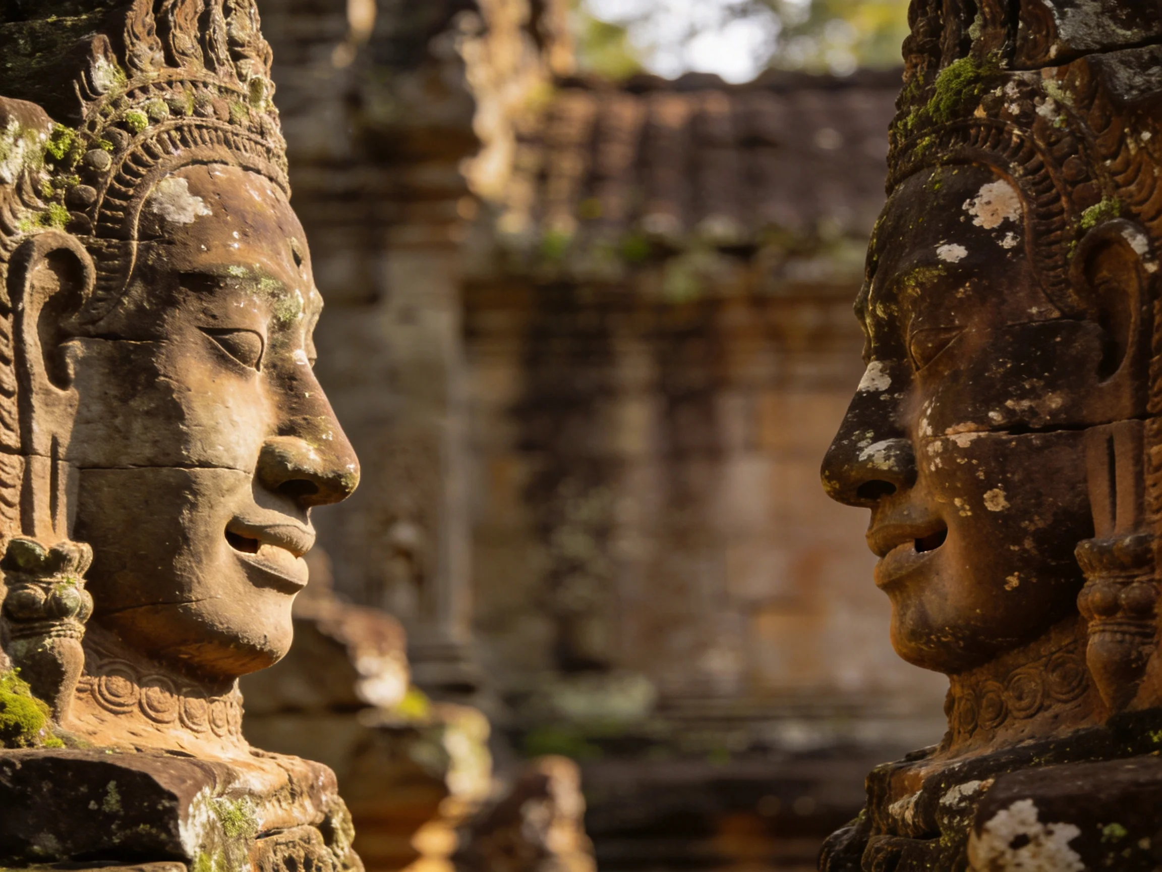 Ancient stone statues with moss-covered carvings