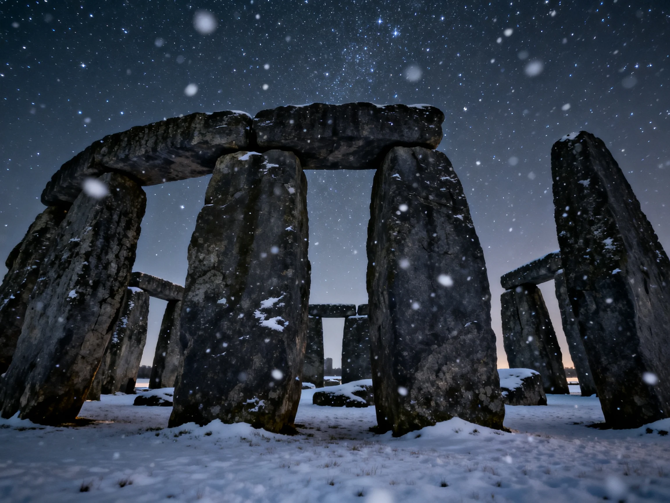 Ancient stone structure blanketed in snow under starry night sky