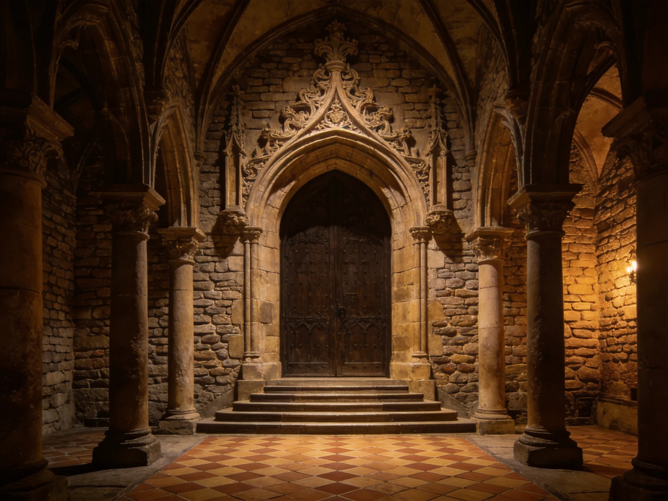 Ancient stone structure with ornate Gothic arch and wooden doorway