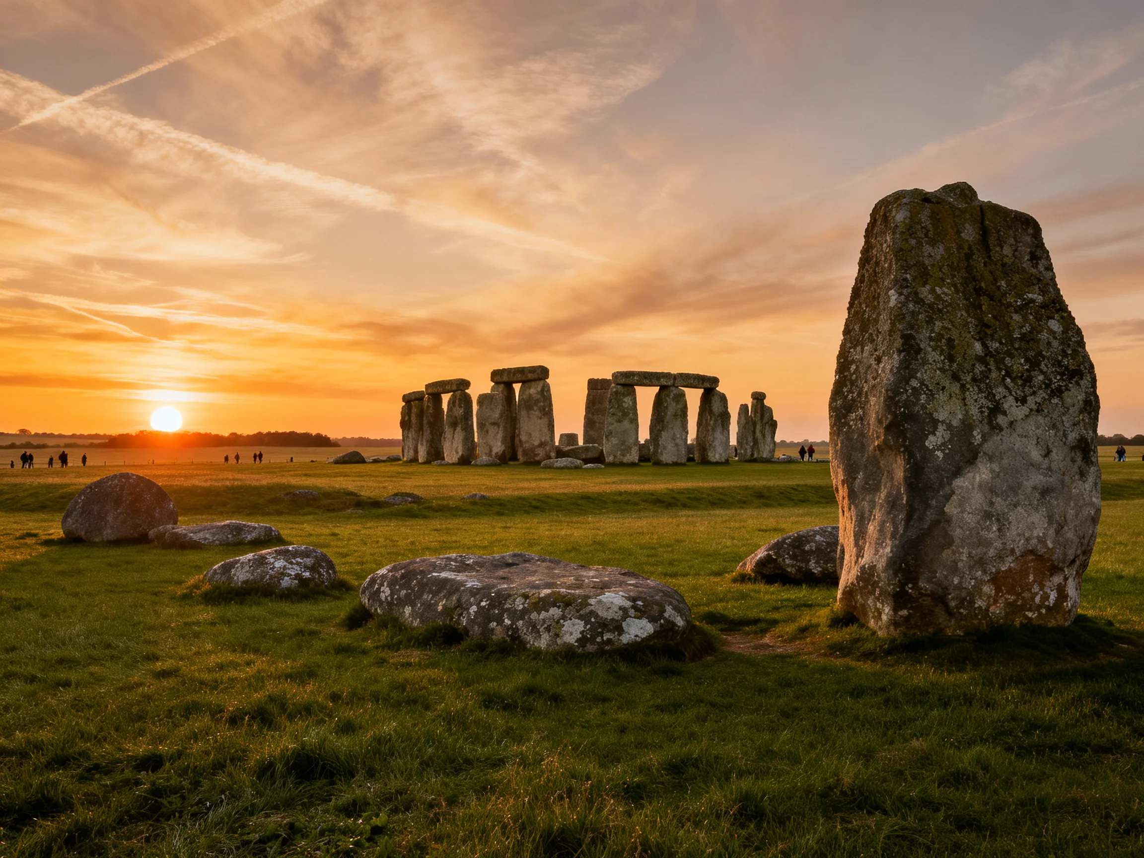 Ancient stone structures under a golden sunset sky