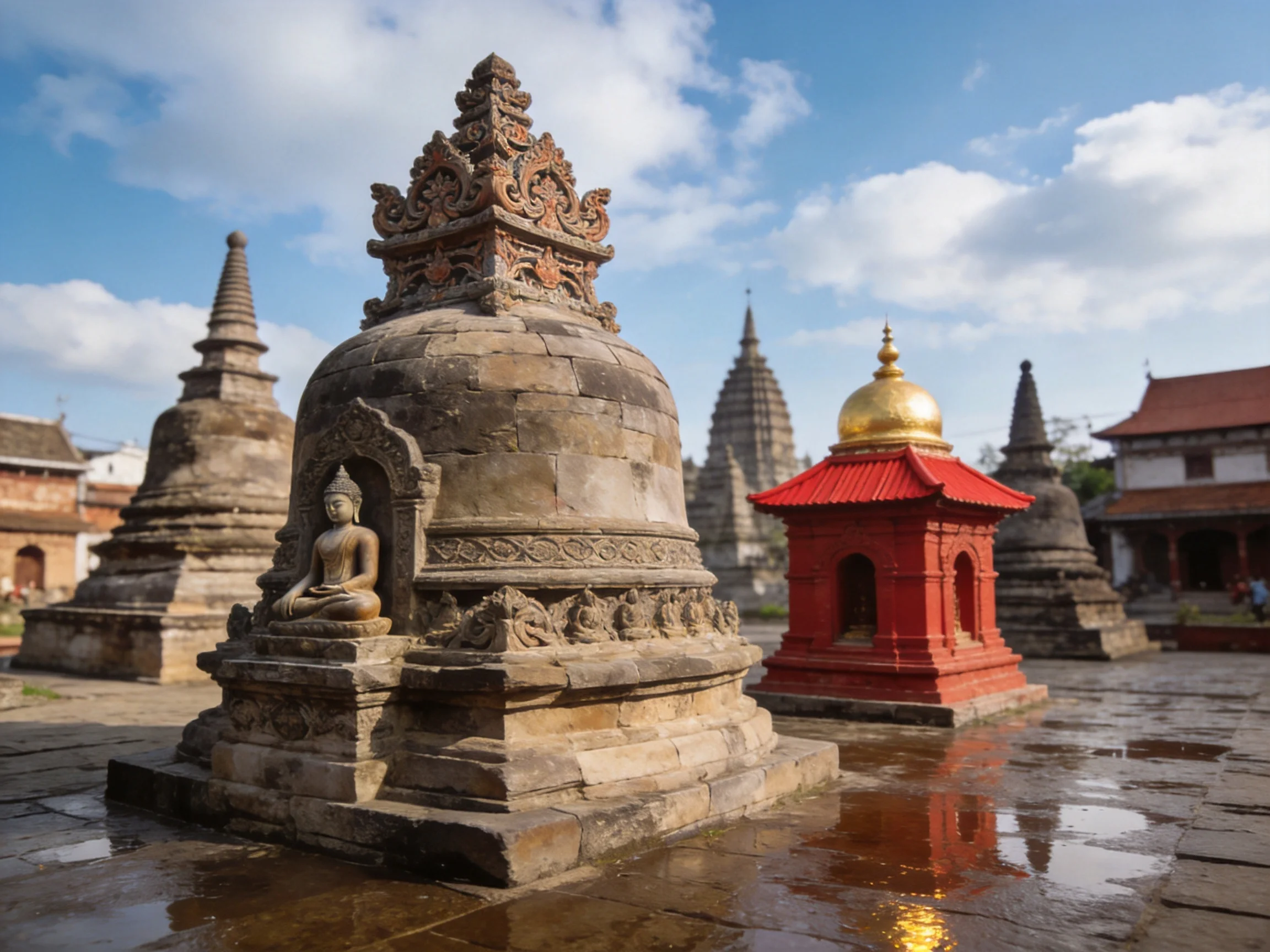Ancient stone stupas, red shrine, golden domes in temple complex