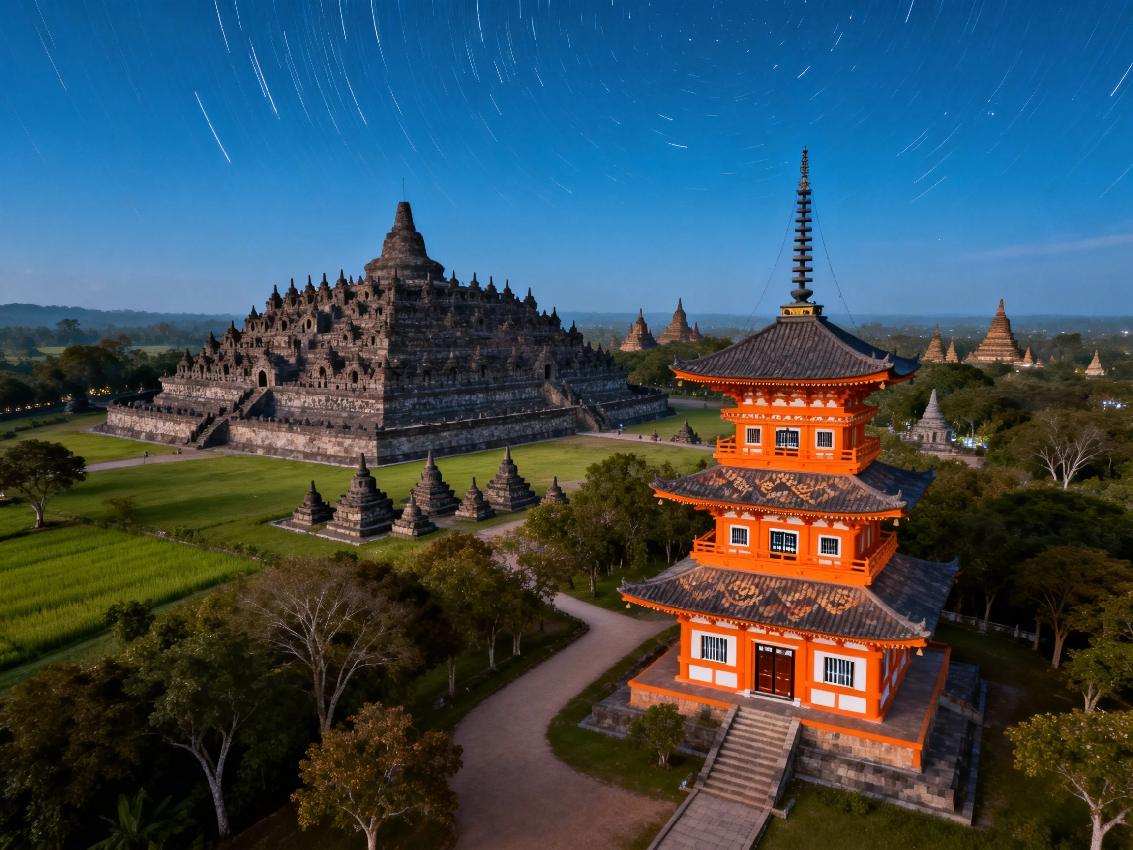 Ancient stone temple and vibrant orange pagoda under starry sky