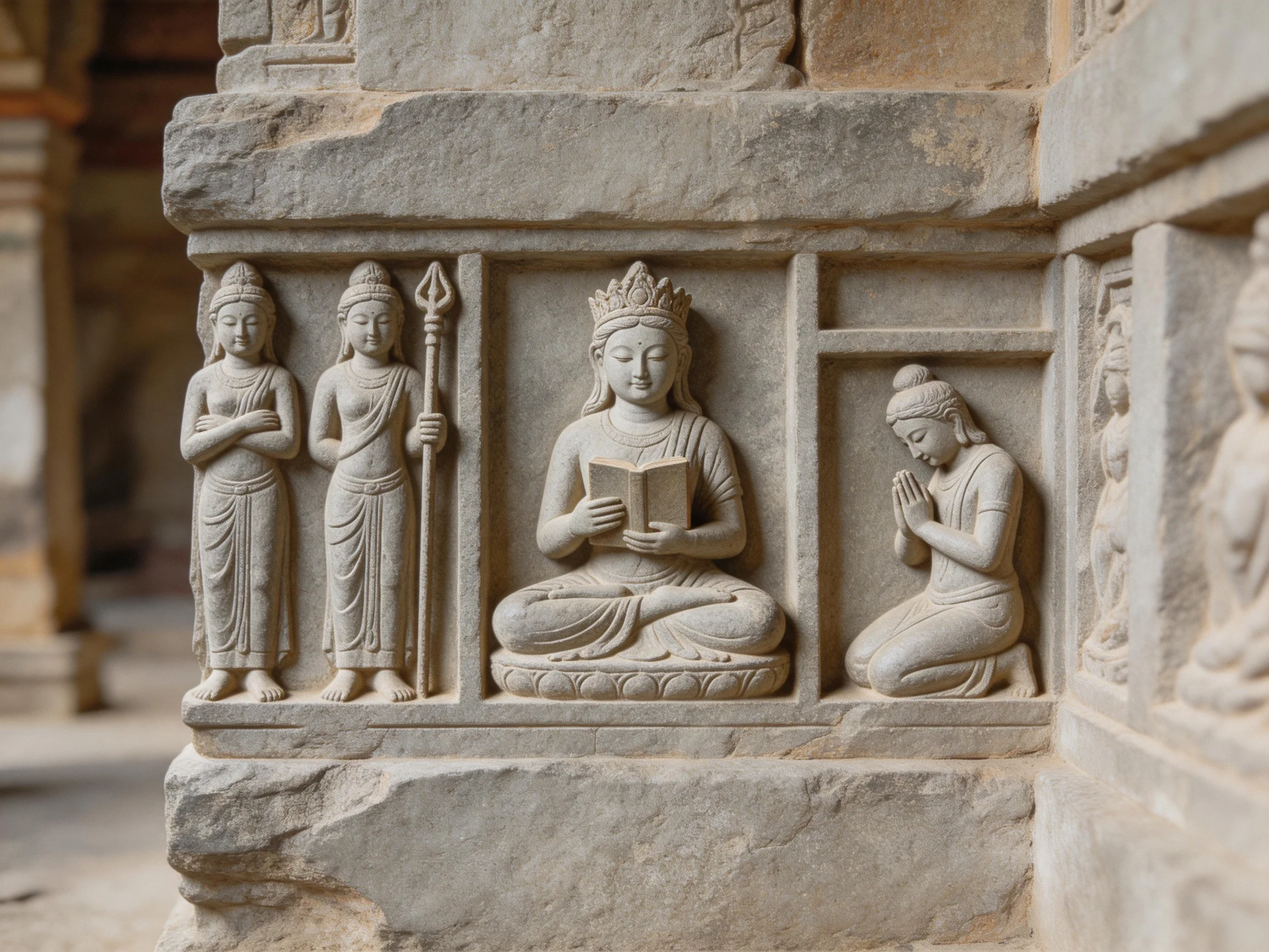 Ancient stone temple carvings depicting deities and devotees
