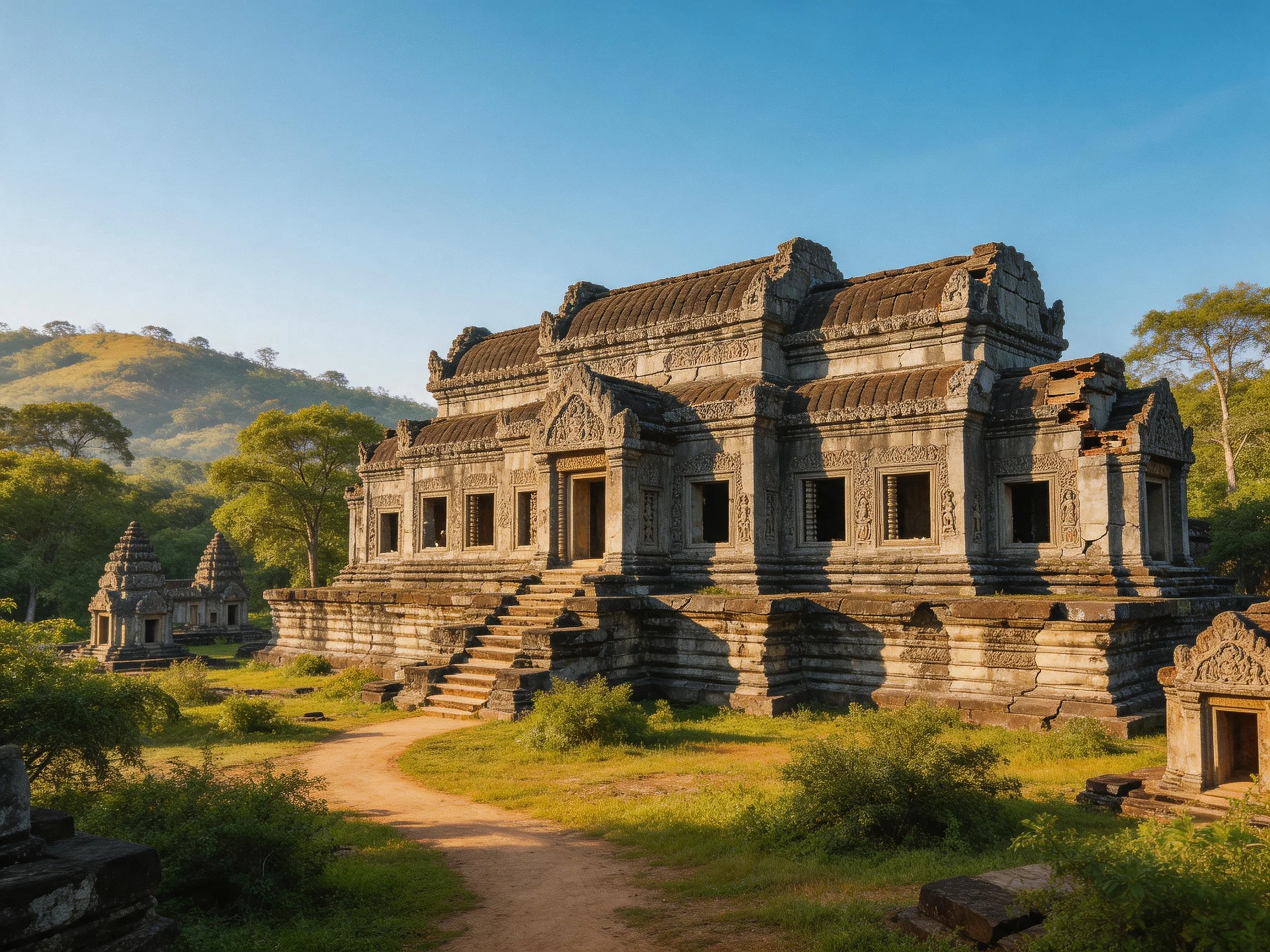 Ancient stone temple complex amid lush greenery and rolling hills